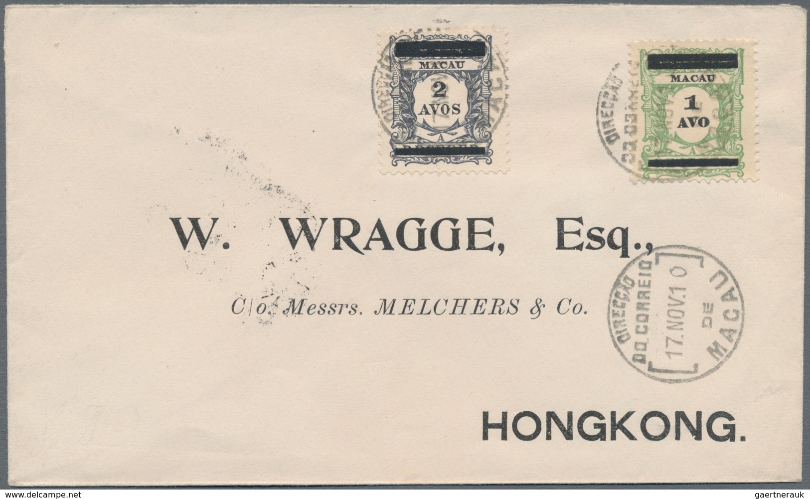 Macau: 1910, 1 A. On Light Green And 2 A. On Slate Violet Tied "MACAU 17 NOV 10" To Cover To Hong Ko - Otros & Sin Clasificación