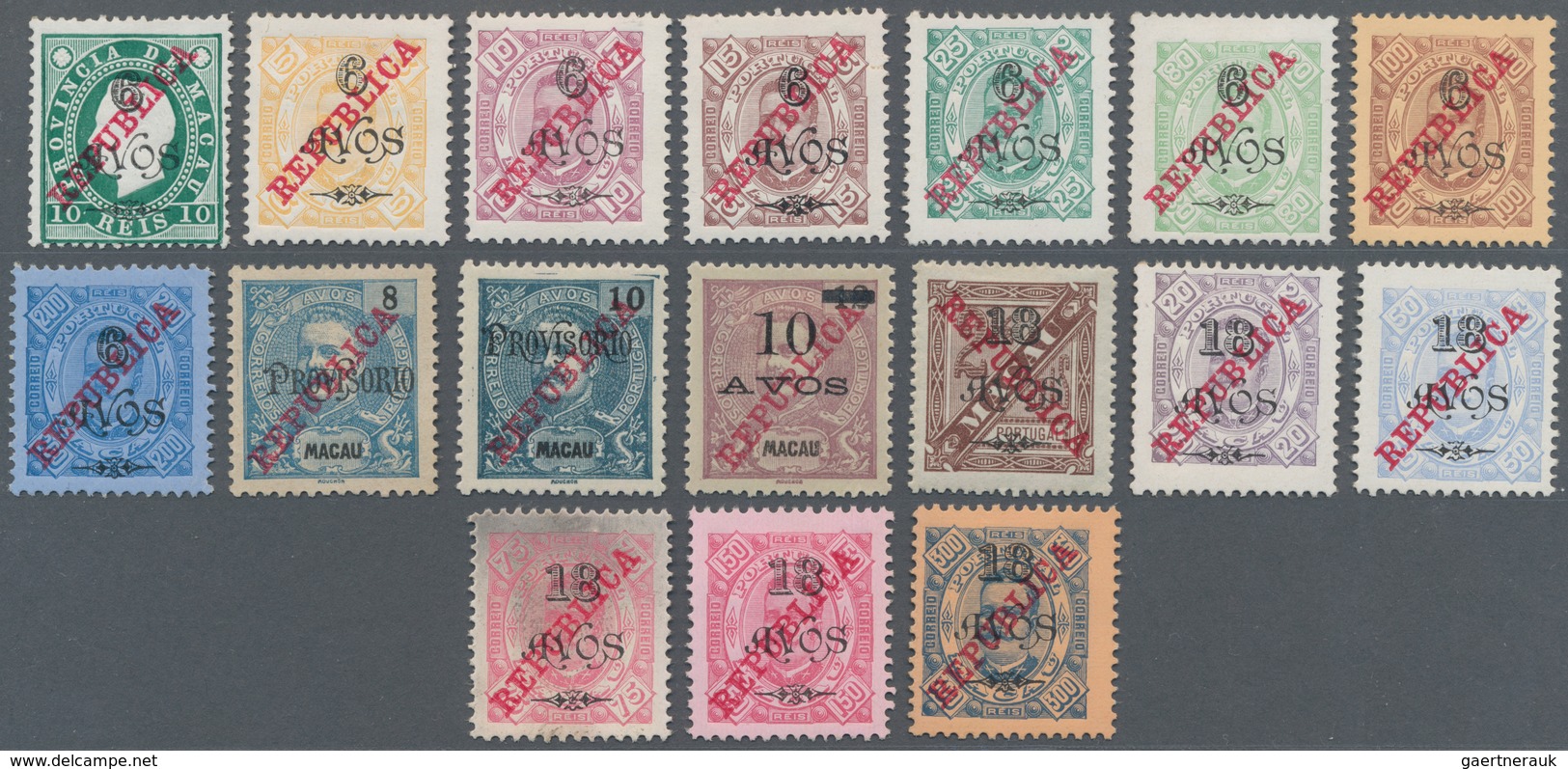 Macau: 1911/15, "Republica" Ovpts., Three Cpl. Sets: Type Mouchon 1/2 A.-78 A. Plus Error Of Colour - Andere & Zonder Classificatie