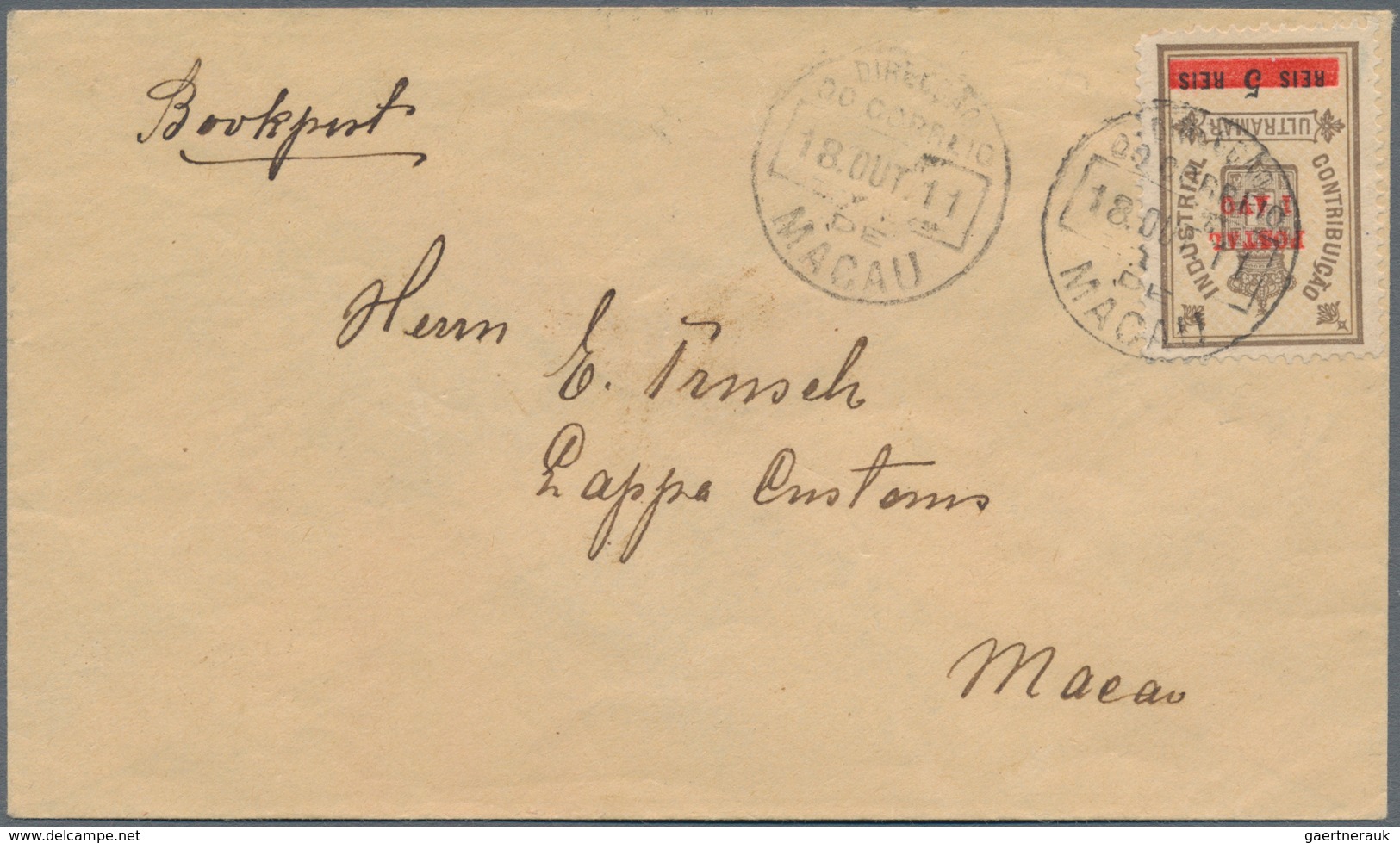 Macau: 1911, 1 A./5 R. Tied "MACAU 18 OUT 11" To Unsealed Envelope Endorsed "bookpost" Used Local To - Other & Unclassified