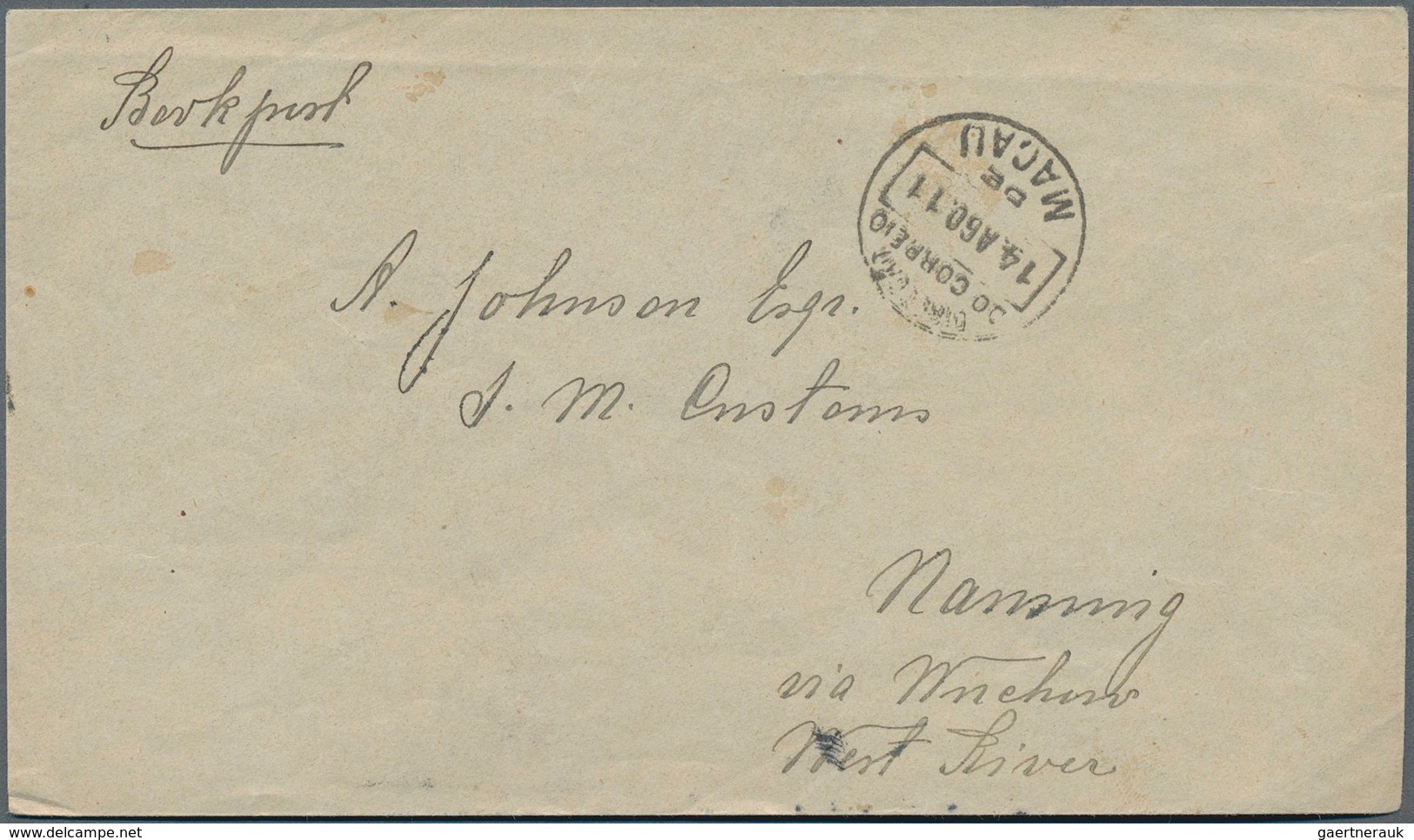 Macau: 1911, 2 Avos Temporary Label On Reverse Of Unsealed Envelope From "MACAU 14 AGO 11" To Staff - Andere & Zonder Classificatie