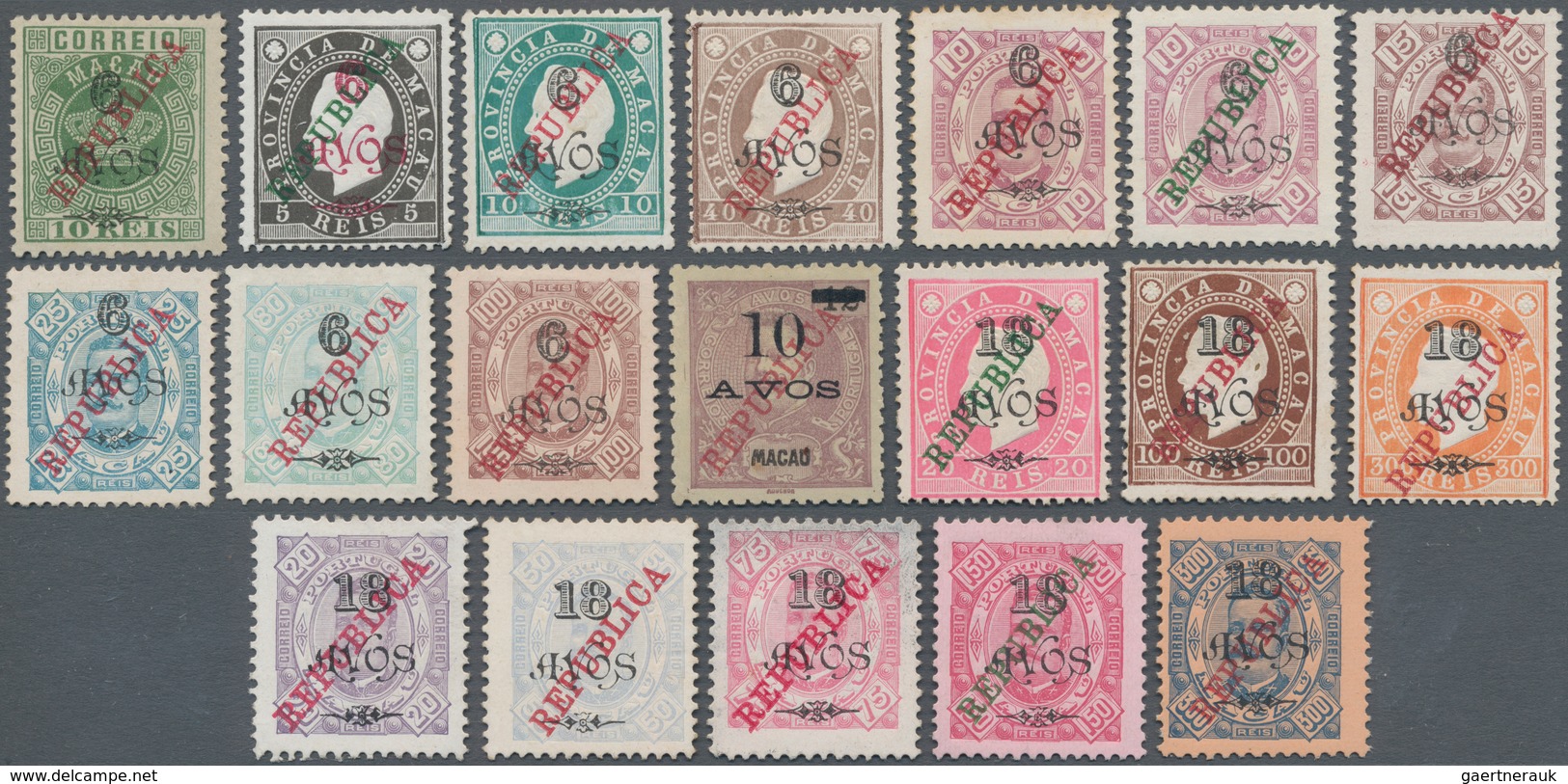 Macau: 1913, Republica Ovpts. Cpl. Set 6A / 10 R. To 18A.-300 R., Inc. 6 A./10 R. Red Ovpt., Unused - Otros & Sin Clasificación