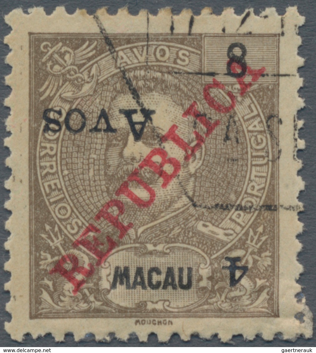 Macau: 1913, 4 A. On 8 A., Surcharge Inverted, Used, Torn Corner Perf. Backed. - Otros & Sin Clasificación