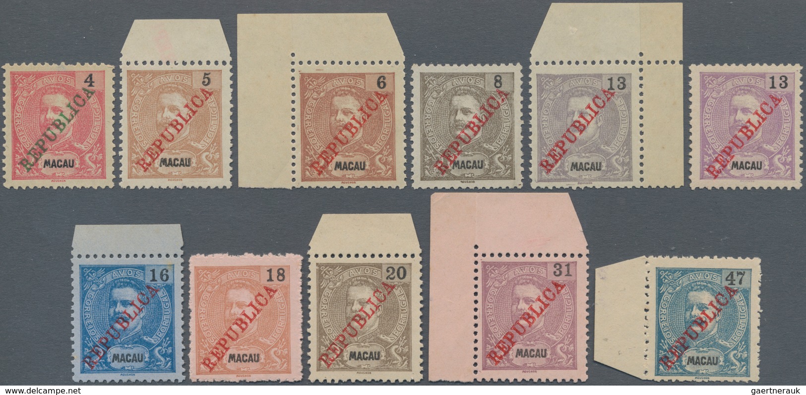 Macau: 1913, Republica Ovpts., Local 23 Mm Type, 4 A./47 A. Cpl. Set Inc. Three Corner Margin And Fo - Andere & Zonder Classificatie