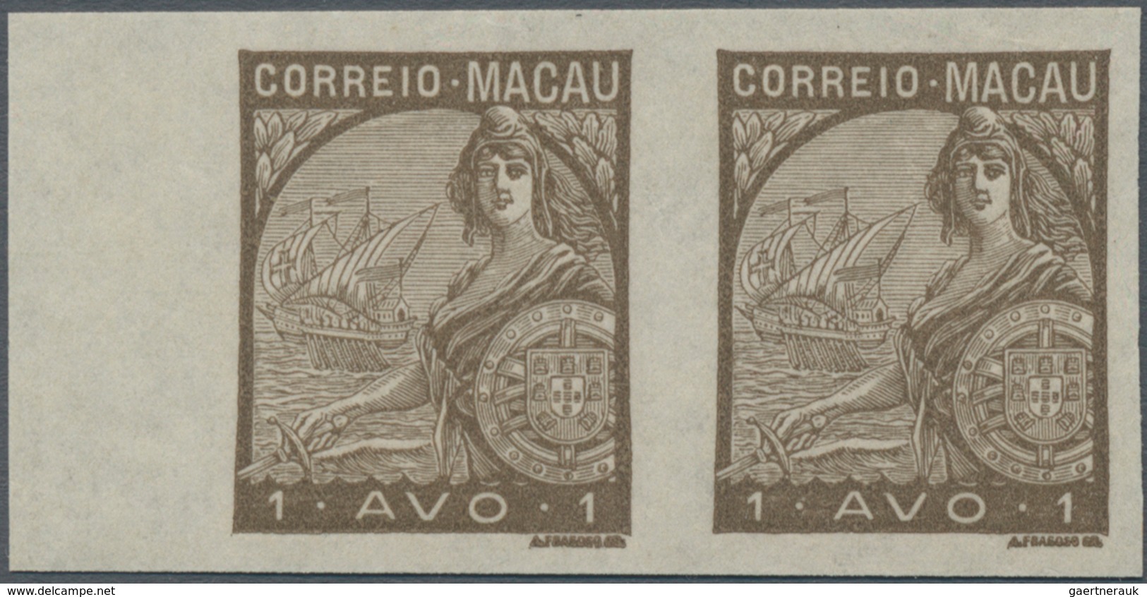 Macau: 1934, Padroes, Proof: 1 A. Olive Brown, Imperforated, A Left Margin Pair No Gum. - Otros & Sin Clasificación