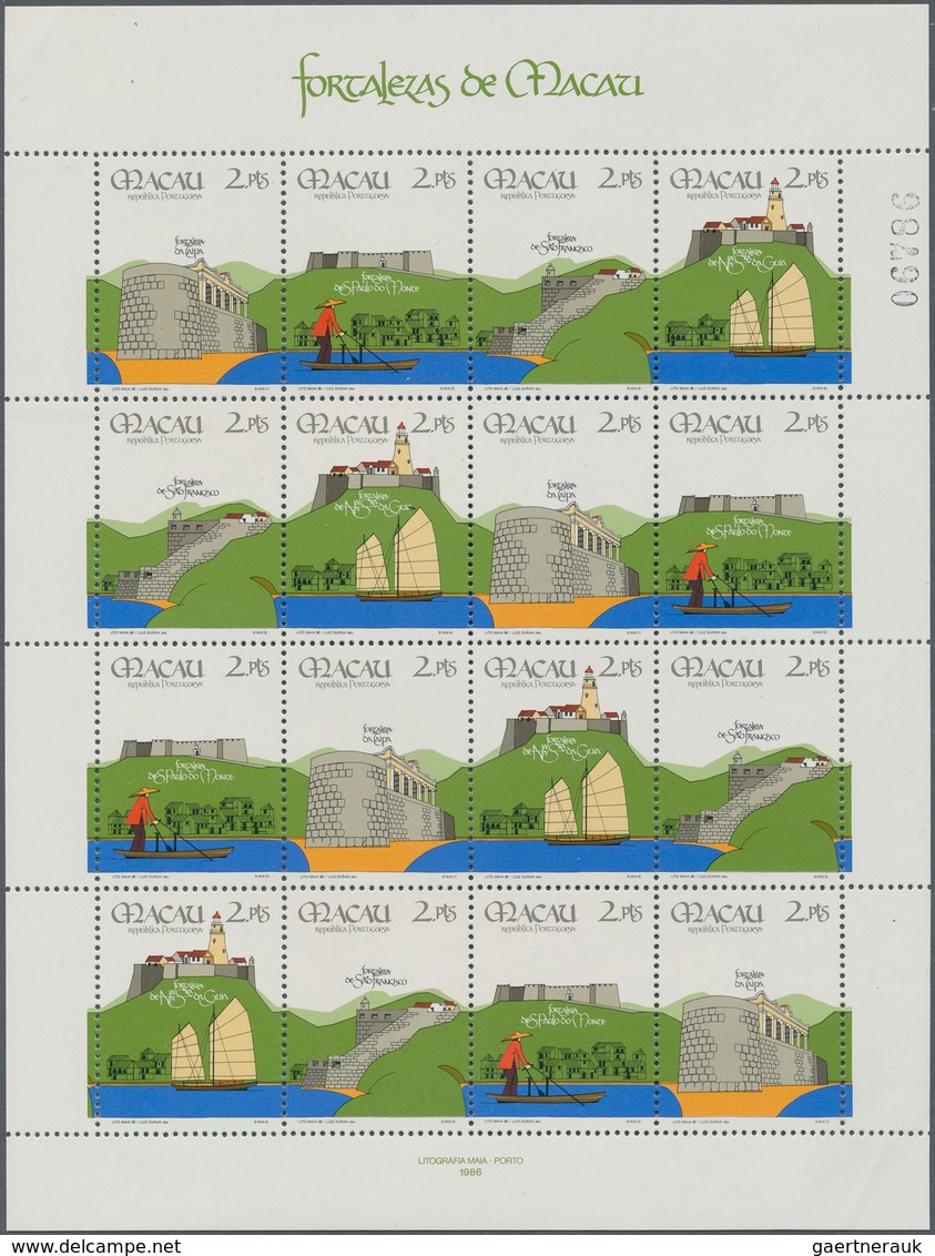 Macau: 1983 - 1986, Flowers Souvenir Sheet And Fortresses, Four Sets In A Miniatur Sheet, Mint Never - Other & Unclassified