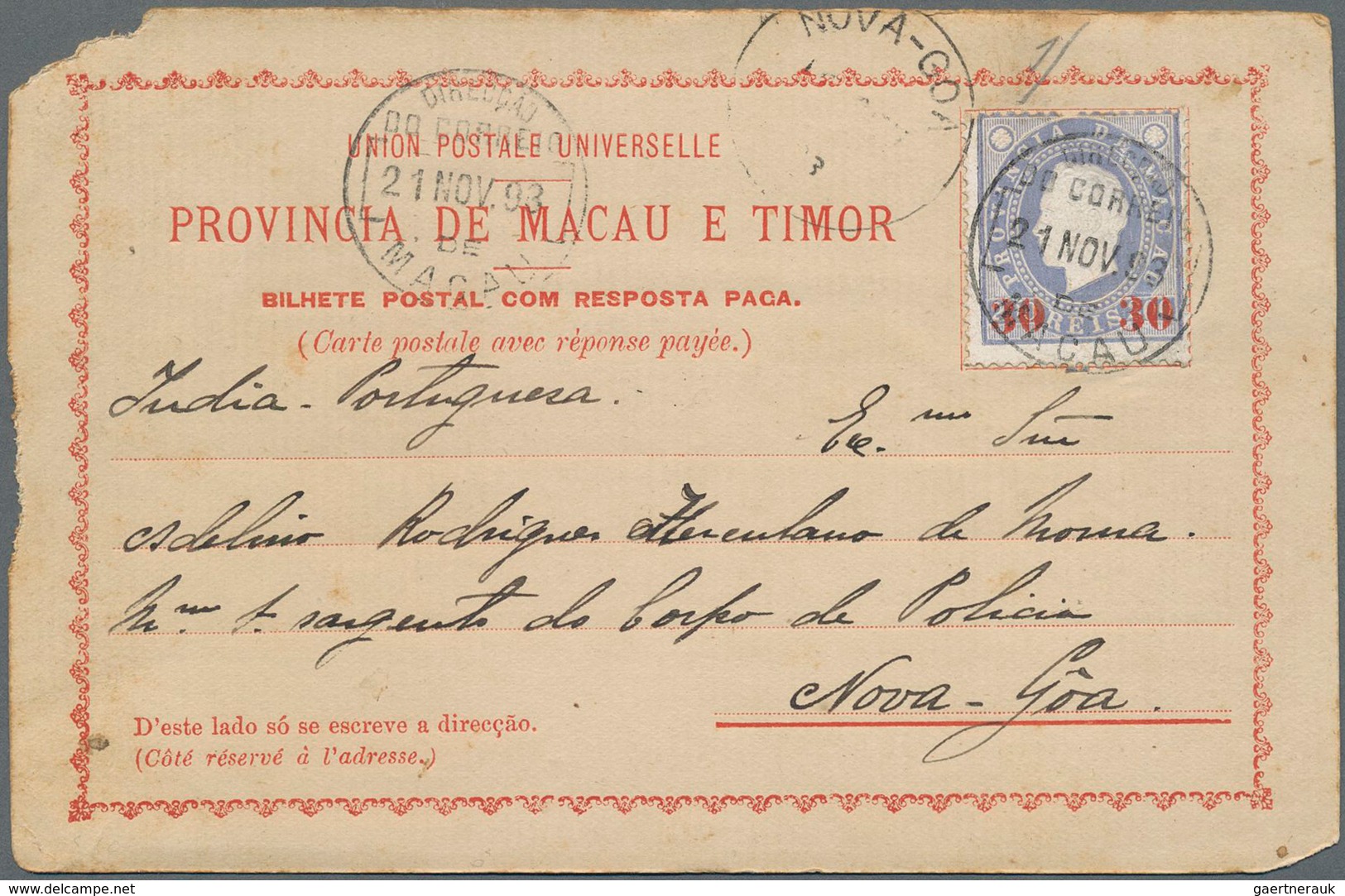 Macau - Ganzsachen: 1893 Postal Formulaire Double Card Question Part Commercially Used To Nova-Goa I - Ganzsachen