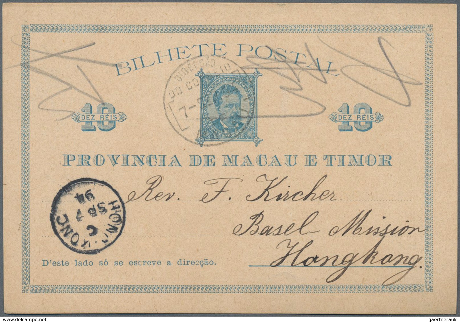 Macau - Ganzsachen: 1894, Card 10 R. Blue (2) Canc. "MACAU 7-SEP 94" Resp. "20-OCT 94"to Basel Missi - Postal Stationery