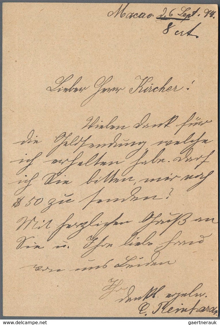 Macau - Ganzsachen: 1894, Card 10 R. Blue (2) Canc. "MACAU 7-SEP 94" Resp. "20-OCT 94"to Basel Missi - Ganzsachen