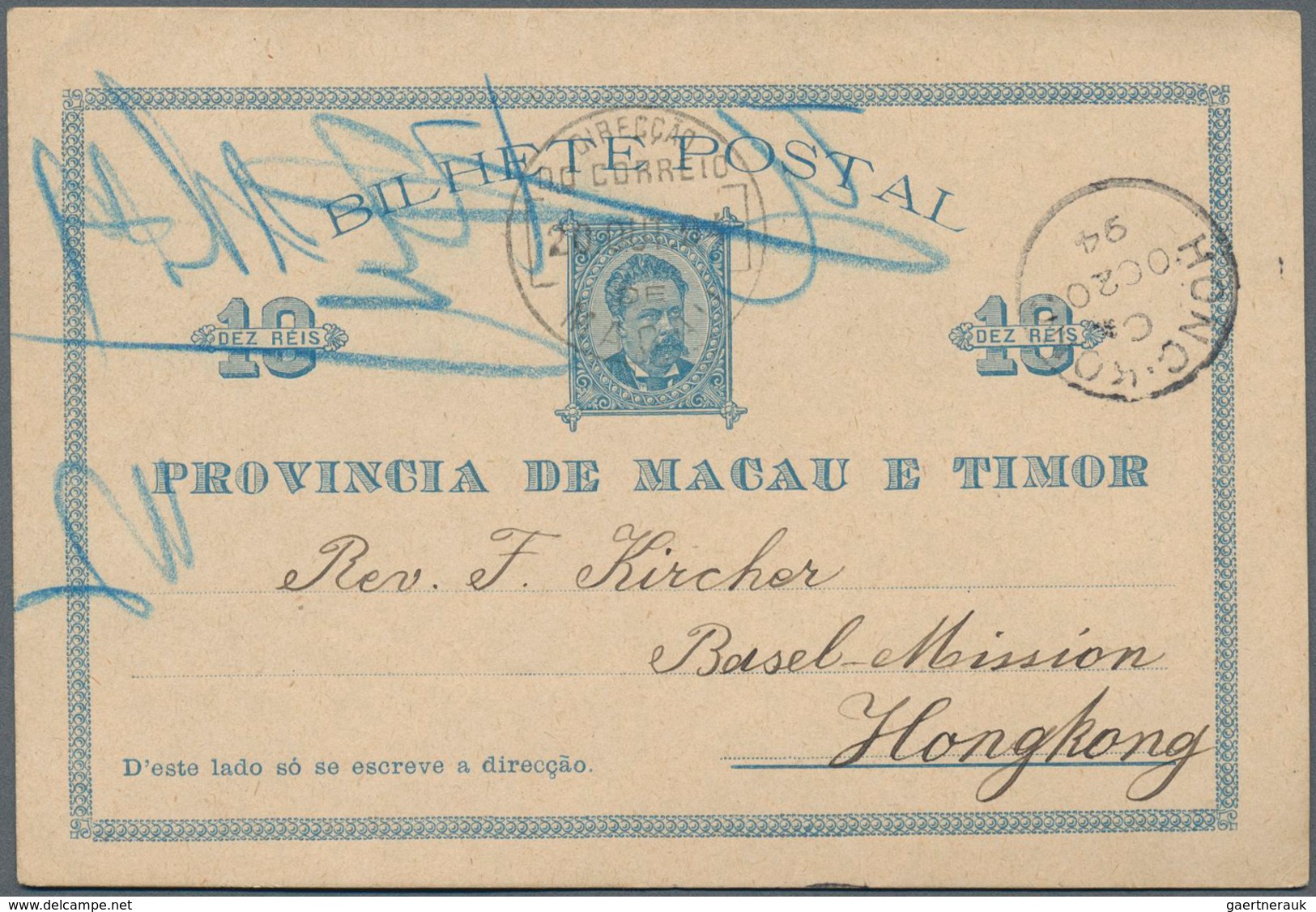 Macau - Ganzsachen: 1894, Card 10 R. Blue (2) Canc. "MACAU 7-SEP 94" Resp. "20-OCT 94"to Basel Missi - Postal Stationery