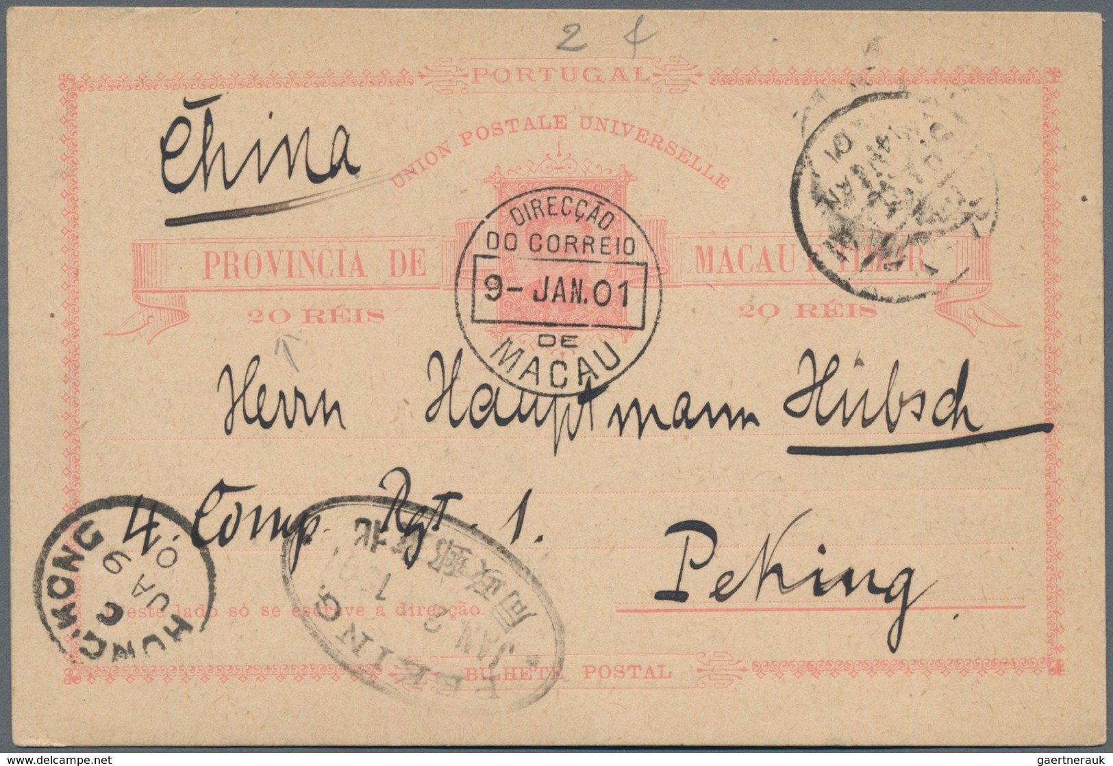 Macau - Ganzsachen: 1901, Card 20 R. Canc. "MACAU 9-JAN.01" To Peking, Transits "HONG KONG JA 9 01", - Postal Stationery