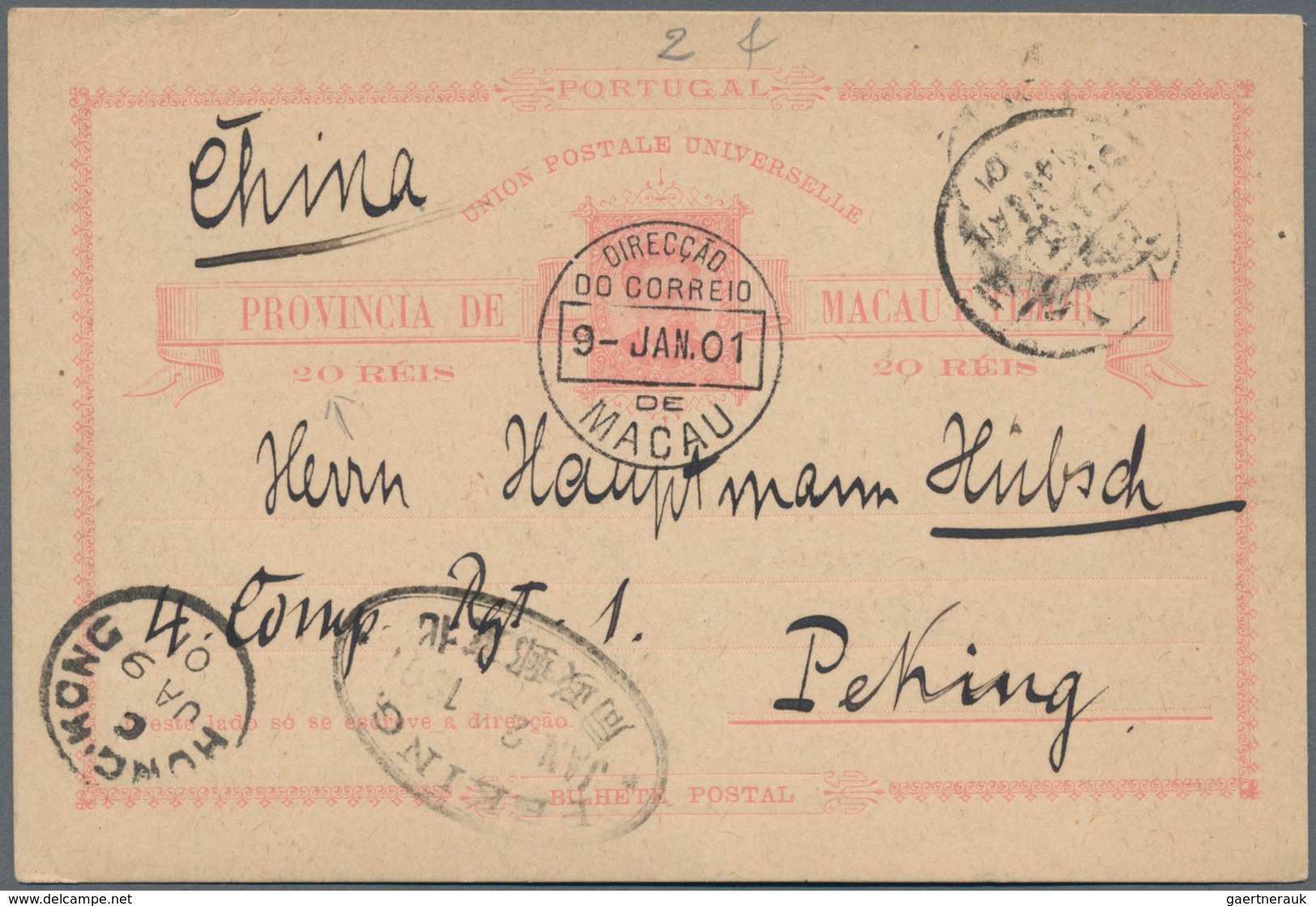 Macau - Ganzsachen: 1901, Card 20 R. Canc. "MACAU 9-JAN.01" To Peking, Transits "HONG KONG JA 9 01", - Postwaardestukken