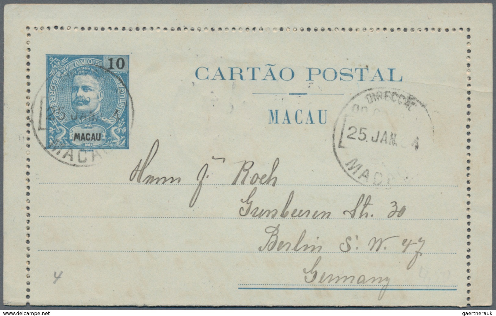 Macau - Ganzsachen: 1904, Letter Card 10 C. Canc. "MACAU 25 JAN 04" Originating "CUSTOMS LAPPA JAN 2 - Enteros Postales