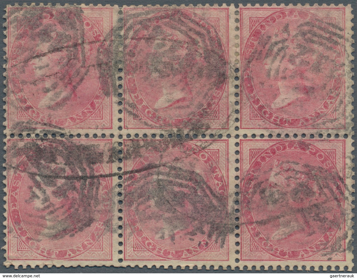 Malaiische Staaten - Straits Settlements: 1856-64 East India 8a. Carmine, No Wmk, Horiz. BLOCK OF 6, - Straits Settlements