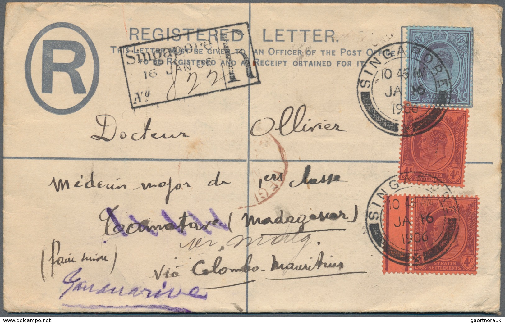 Malaiische Staaten - Straits Settlements: 1906, Registration Envelope KEVII 10 C. Uprated 4 C.(2 Inc - Straits Settlements