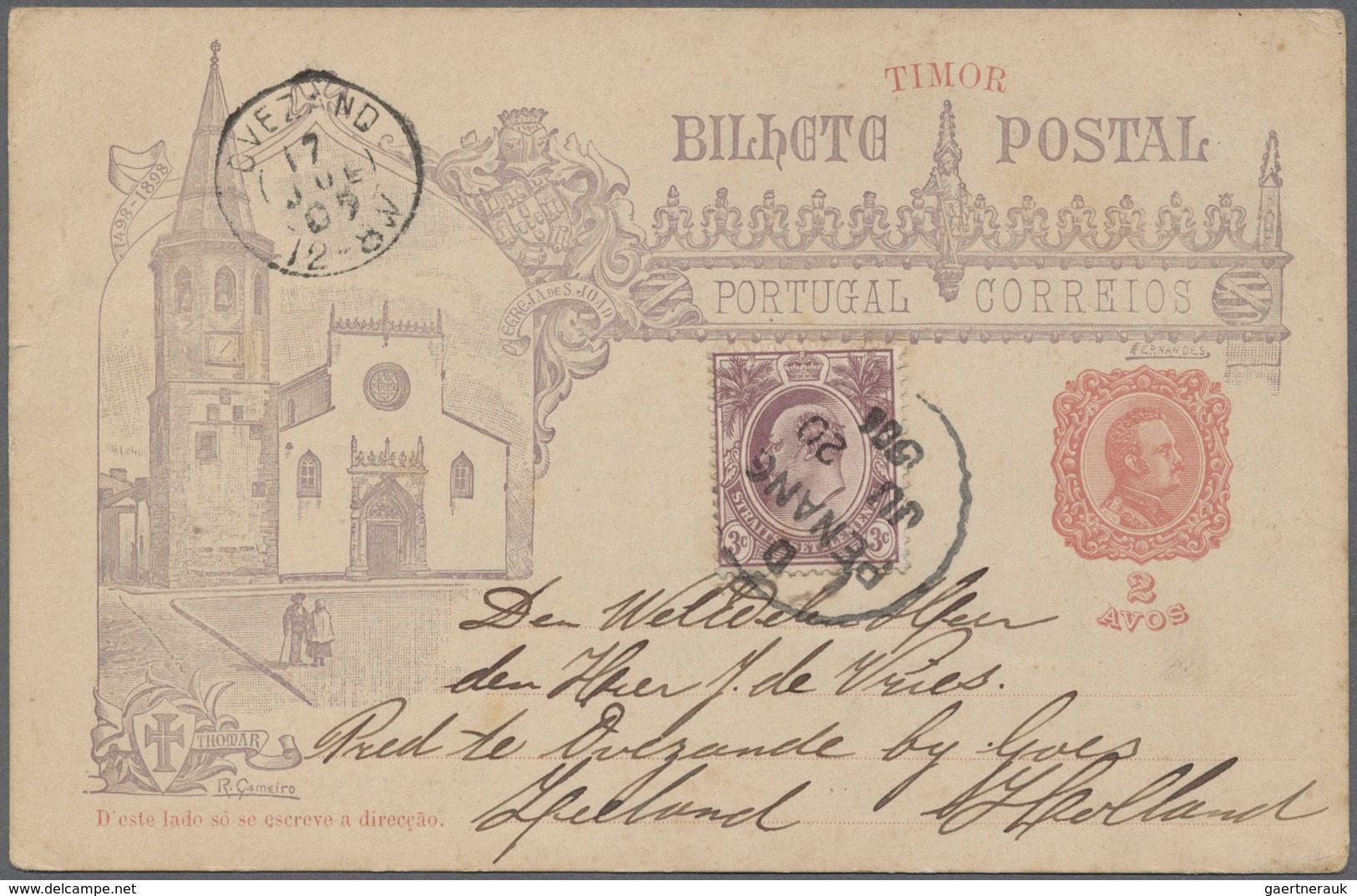 Malaiische Staaten - Straits Settlements: 1909, 3c. Dull Purple On Card (Timor Stationery Card Used - Straits Settlements