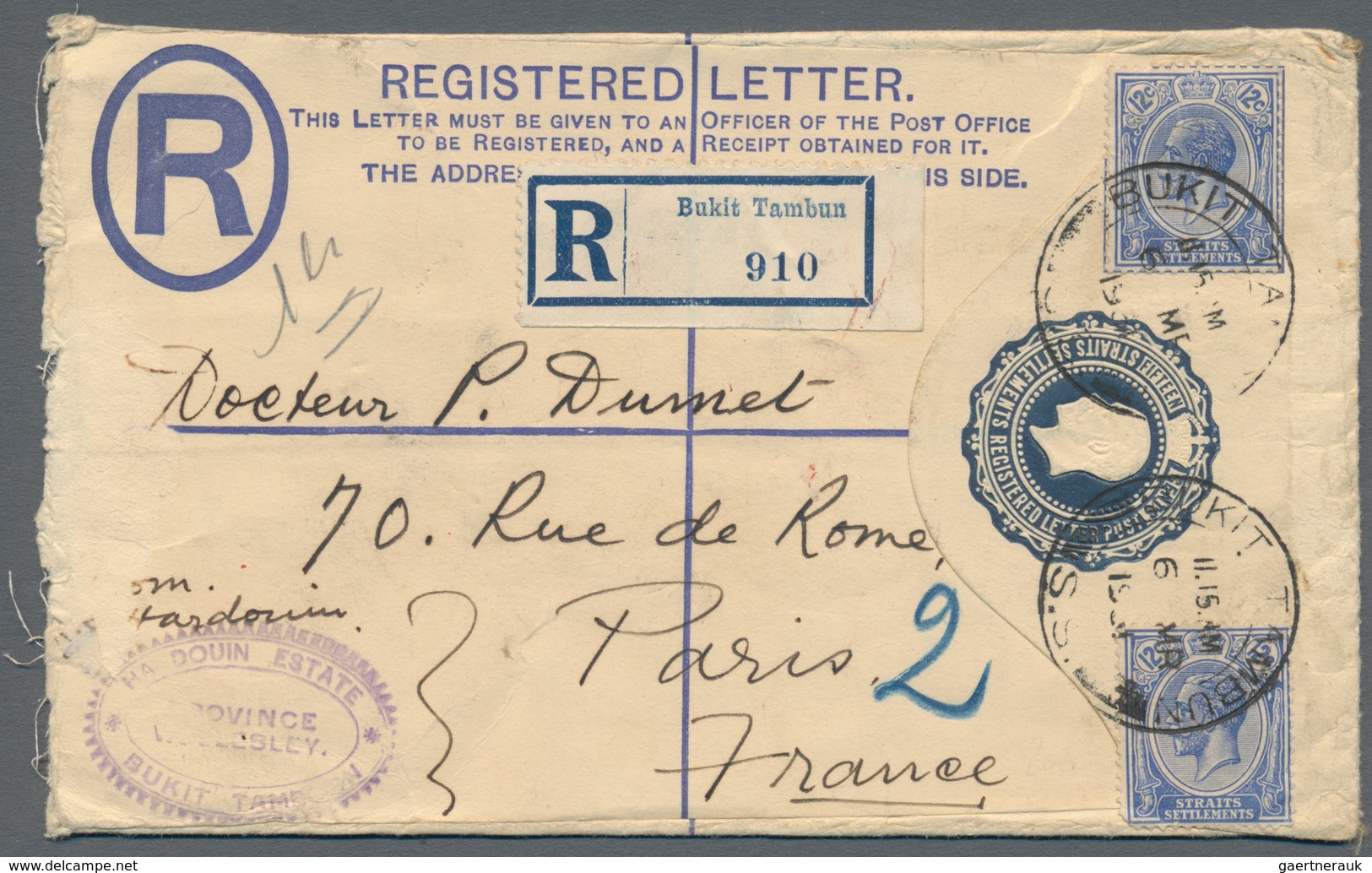 Malaiische Staaten - Straits Settlements: 1931, Registration Envelope KGV 15 C. Uprated KGV 12 C. (2 - Straits Settlements