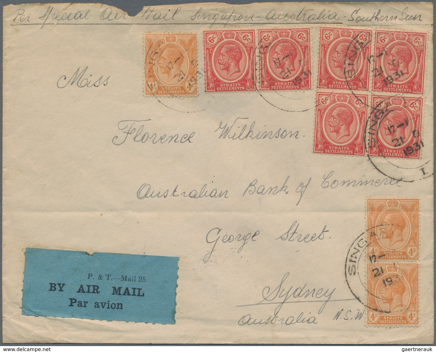 Malaiische Staaten - Straits Settlements: 1931. Crisp Commercial Cover From Singapore To Sydney Fran - Straits Settlements