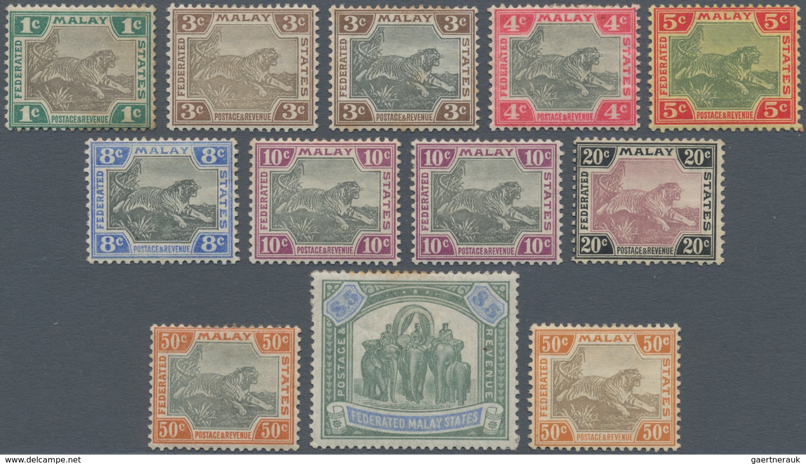 Malaiischer Staatenbund: 1900/1905, 'Tiger' Complete Set Of 7 Plus Shades Of 3c. And 10c., And $5, W - Federated Malay States
