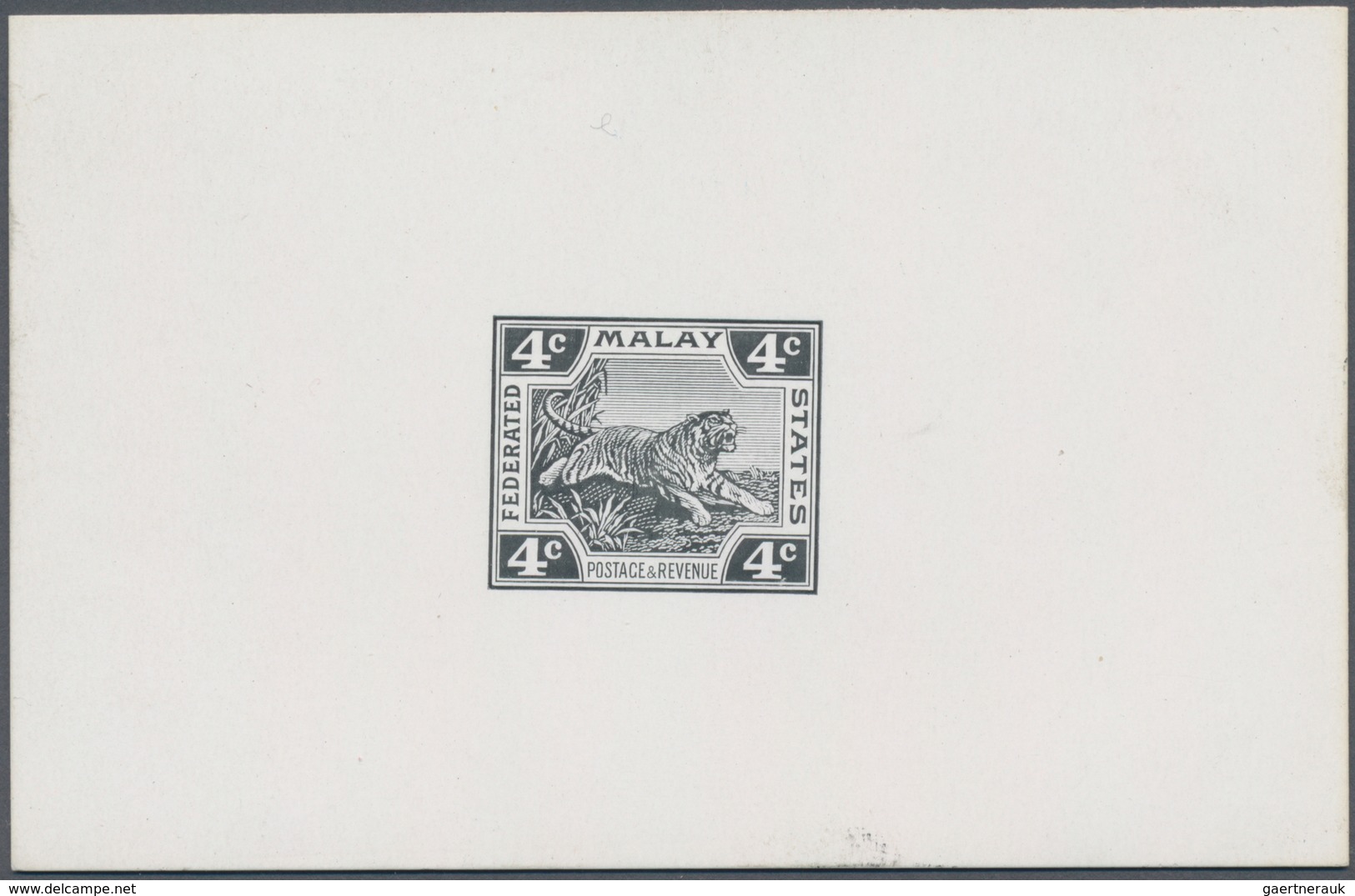 Malaiischer Staatenbund: 1919, Die Proof In Black Die II 4 C Leaping Tiger On Glazed Card, Cert. BPA - Federated Malay States