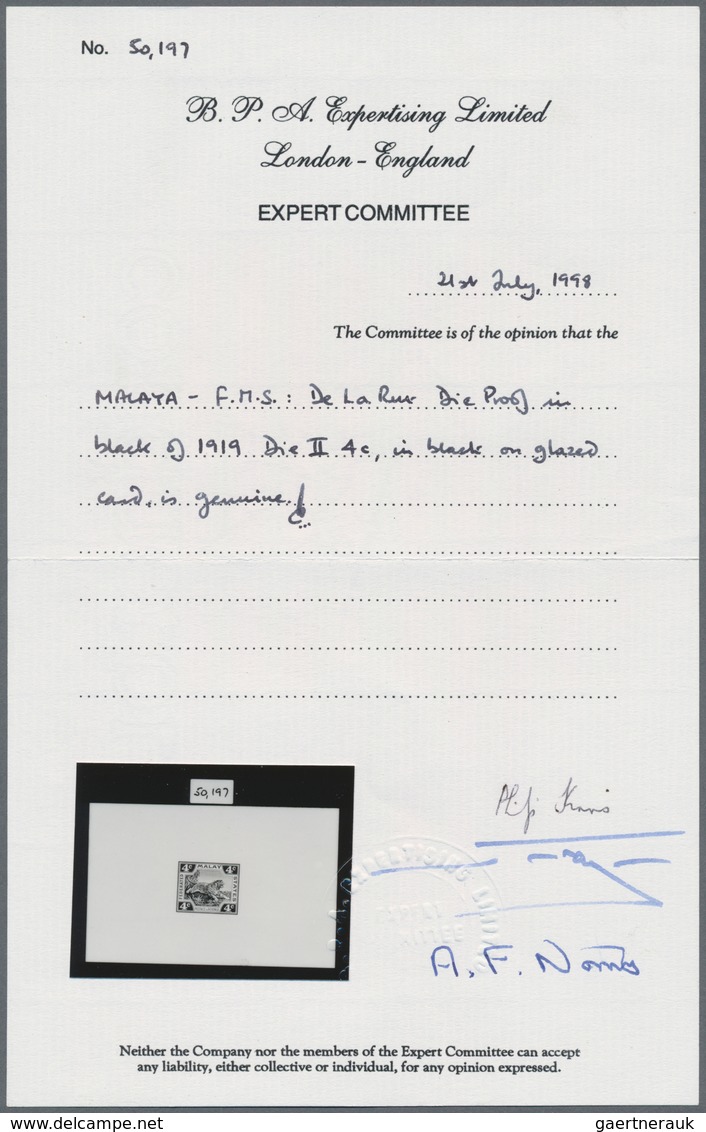 Malaiischer Staatenbund: 1919, Die Proof In Black Die II 4 C Leaping Tiger On Glazed Card, Cert. BPA - Federated Malay States