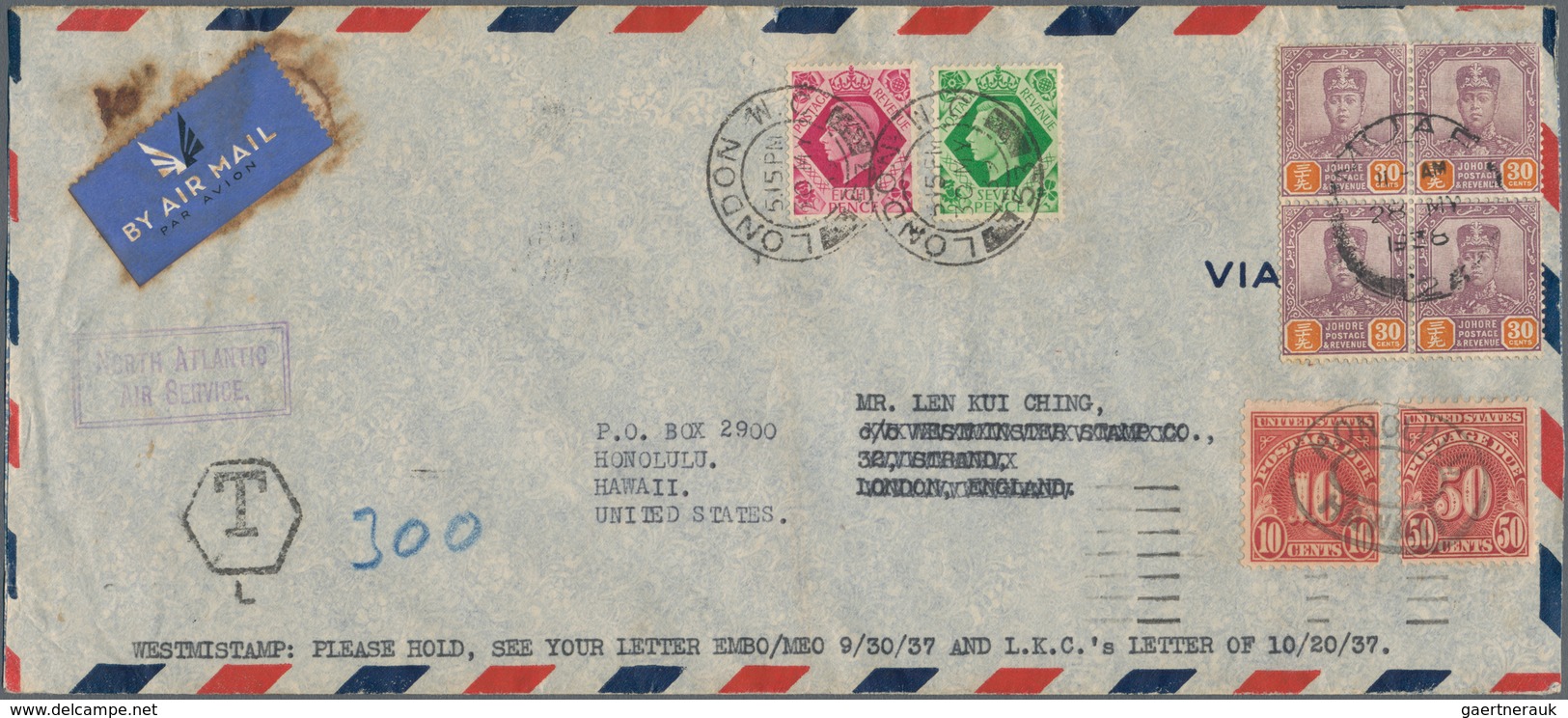 Malaiische Staaten - Johor: 1938. Air Mail Envelope Addressed To London Bearing Malaya, Johore SG 11 - Johore