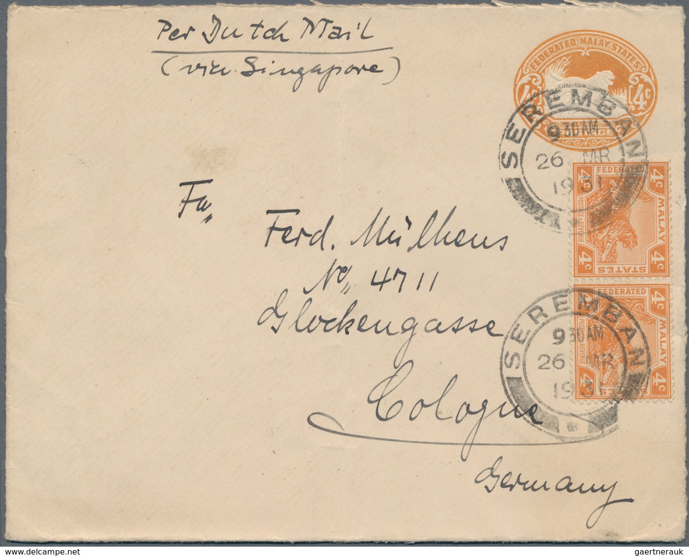 Malaiische Staaten - Negri Sembilan: 1931 SEREMBAN: Fed. Malay States Postal Stationery Envelope 4c. - Negri Sembilan