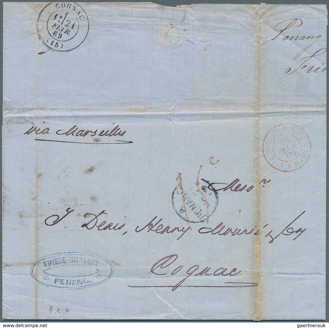 Malaiische Staaten - Penang: 1869, Entire Folded Letter From "PENANG JA 21 69" To Cognac/France, Rar - Penang