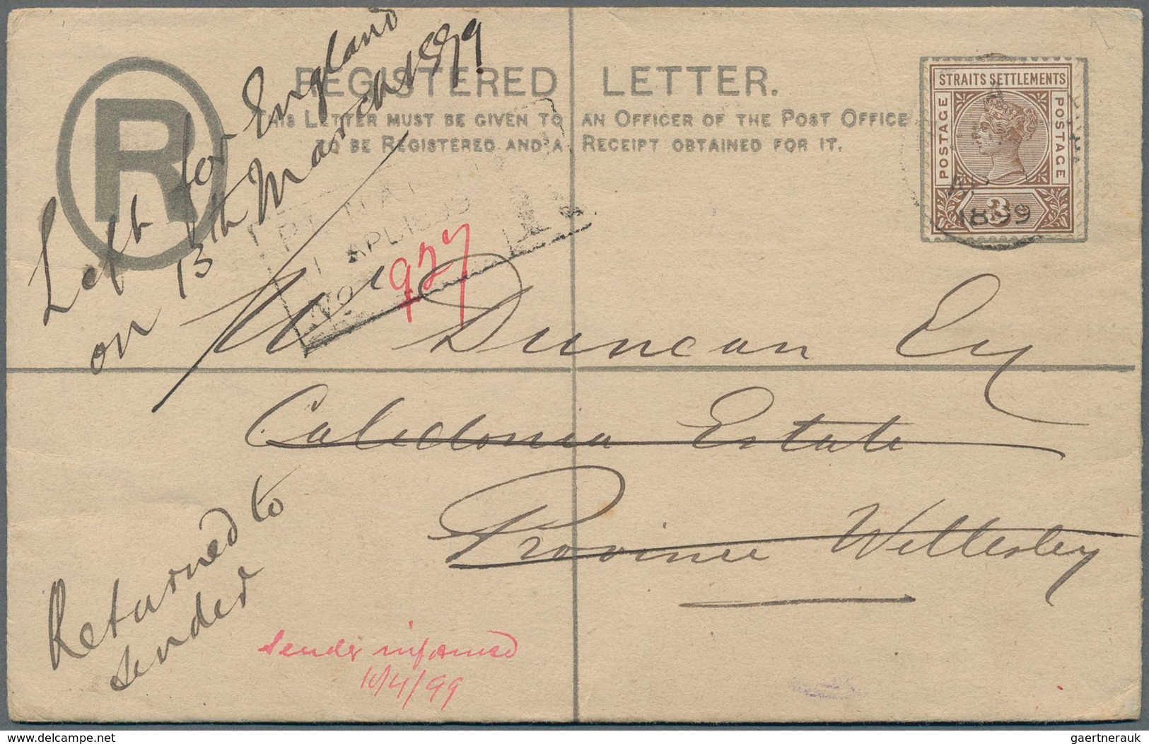 Malaiische Staaten - Penang: 1899 "P/NIBONG/TEBAL/AP 1/1899" Cds (Proud D3) On Postal Stationery Reg - Penang