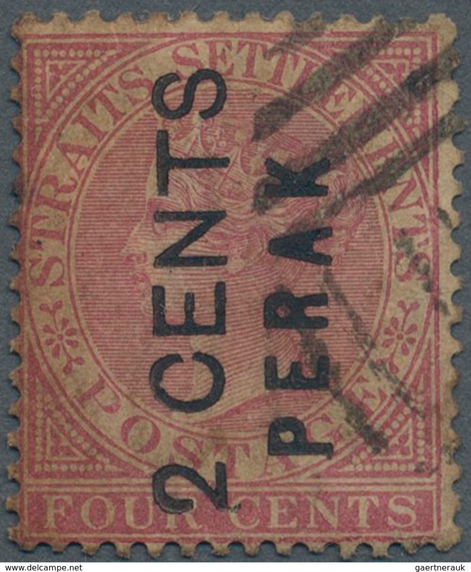 Malaiische Staaten - Perak: 1883 2c. On 4c. Rose, Ovpt. Type 9 And 13, Used And Cancelled By Part Of - Perak