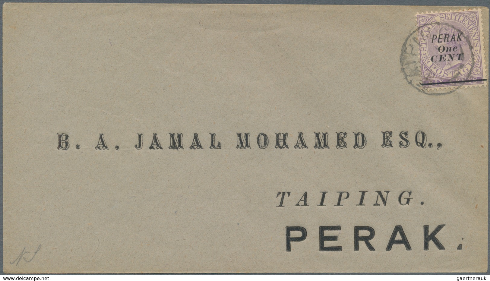 Malaiische Staaten - Perak: 1891 1c. On 6c. Lilac, Ovpt. Type 30, Used On Locally Addressed Taiping - Perak
