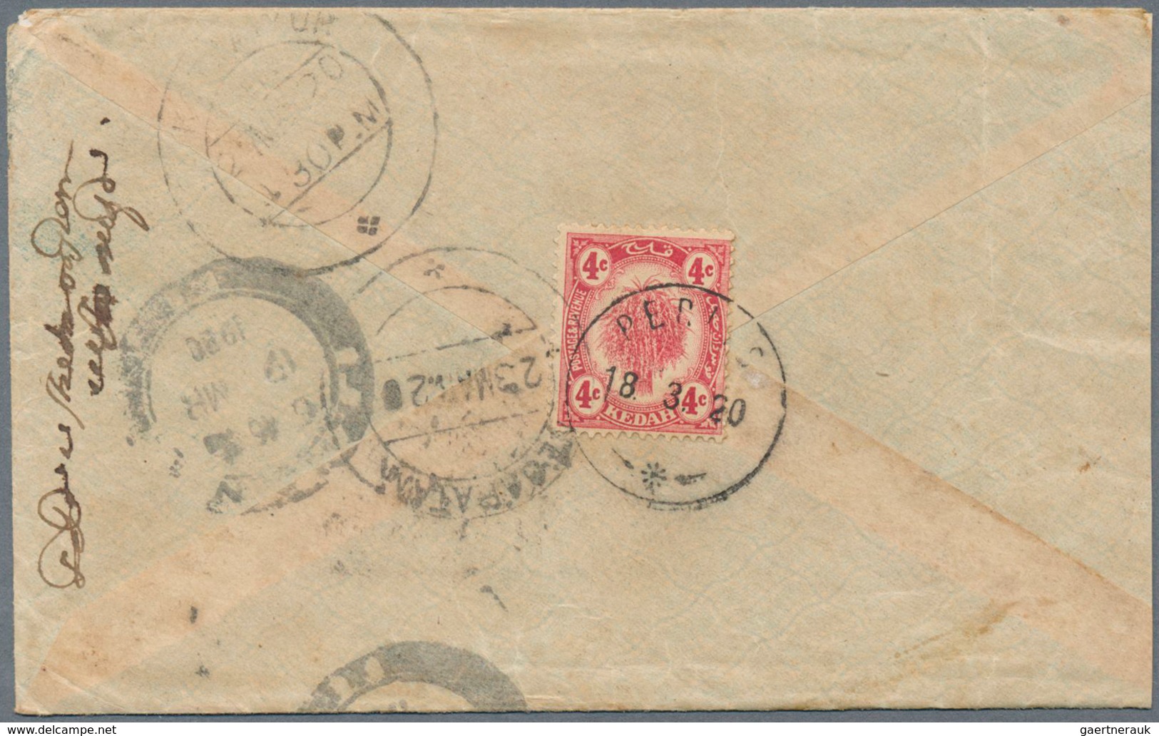 Malaiische Staaten - Perlis: 1920 Cover From PERLIS To India Franked On The Reverse By Kedah 4c. Red - Perlis