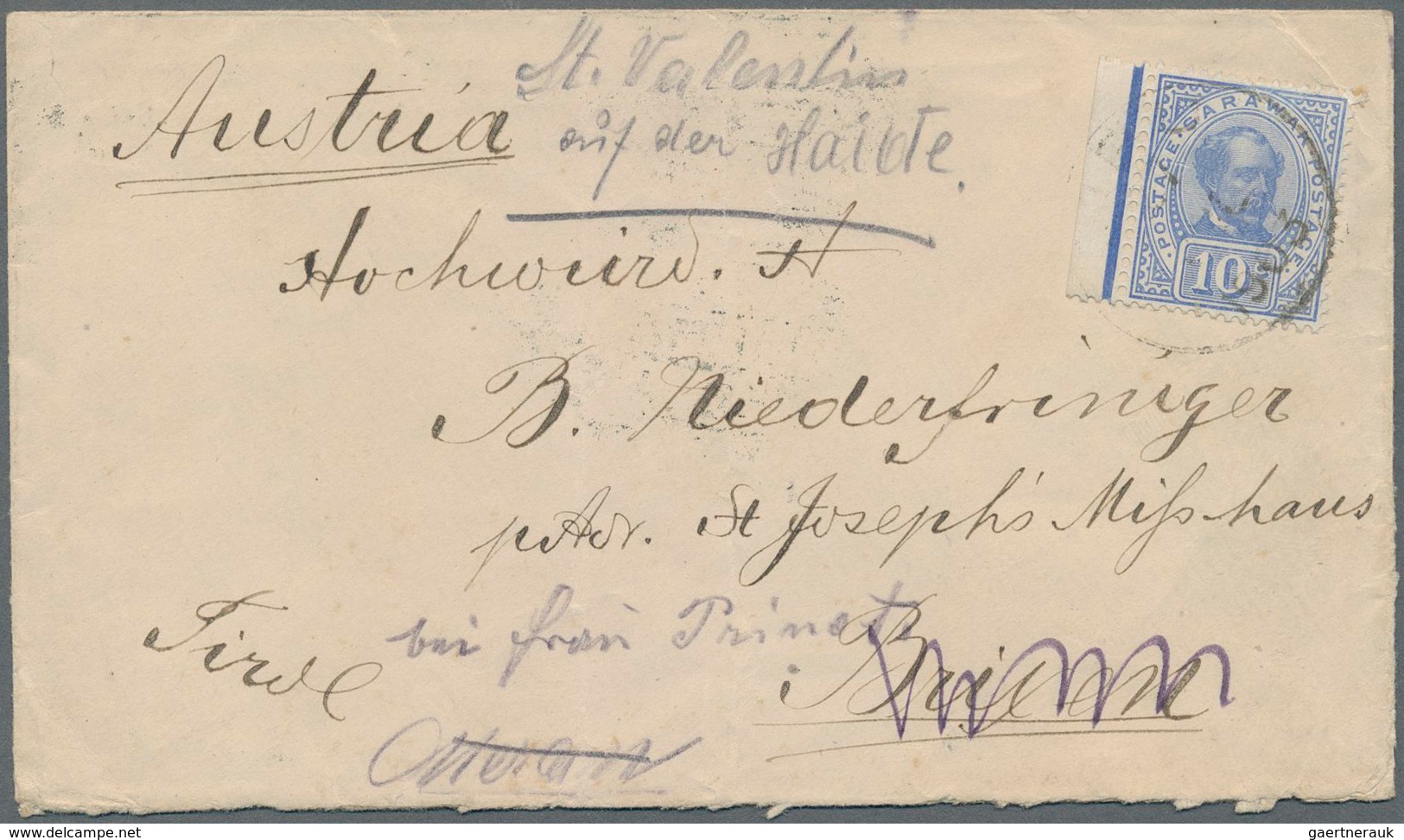 Malaiische Staaten - Sarawak: 1903 Cover From SIBU To Brixen (Tirol), Austria Via Kuching, Redirecte - Otros & Sin Clasificación