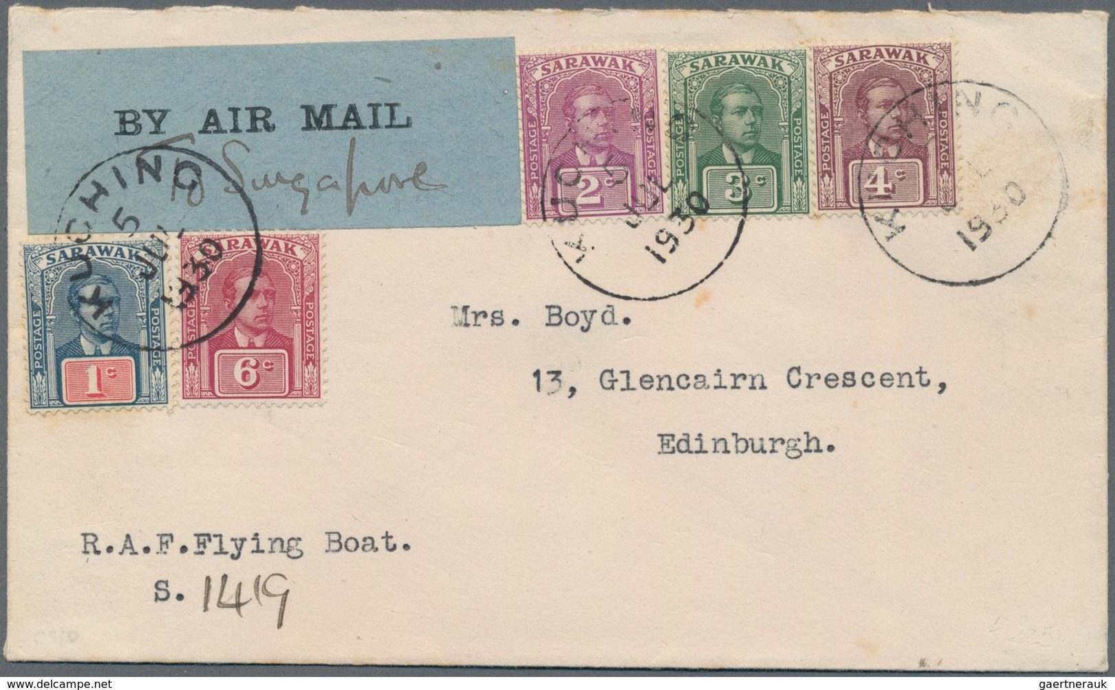 Malaiische Staaten - Sarawak: 1930, KUCHING 5 JUL 1930, Airmail Letter By "R.A.F. Flying Boat S 1419 - Andere & Zonder Classificatie