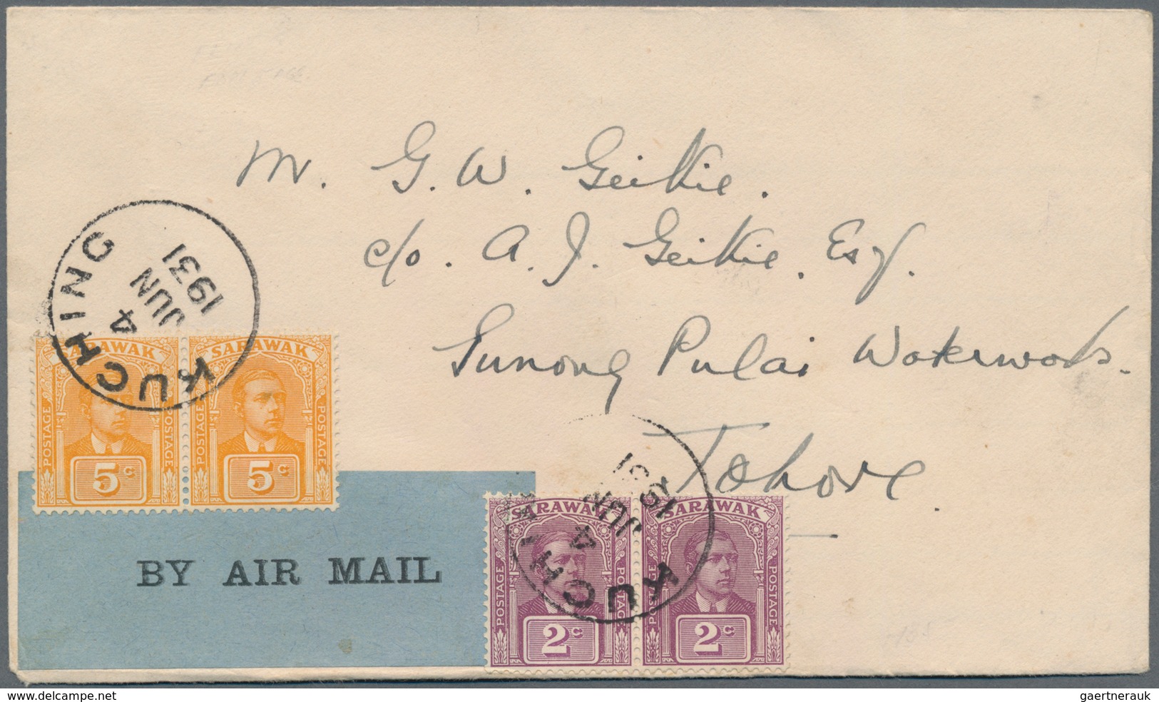 Malaiische Staaten - Sarawak: 1931, KUCHING 4 JUN 1931, Airmail Letter Via SINGAPORE To JOHORE 5 JU - Other & Unclassified