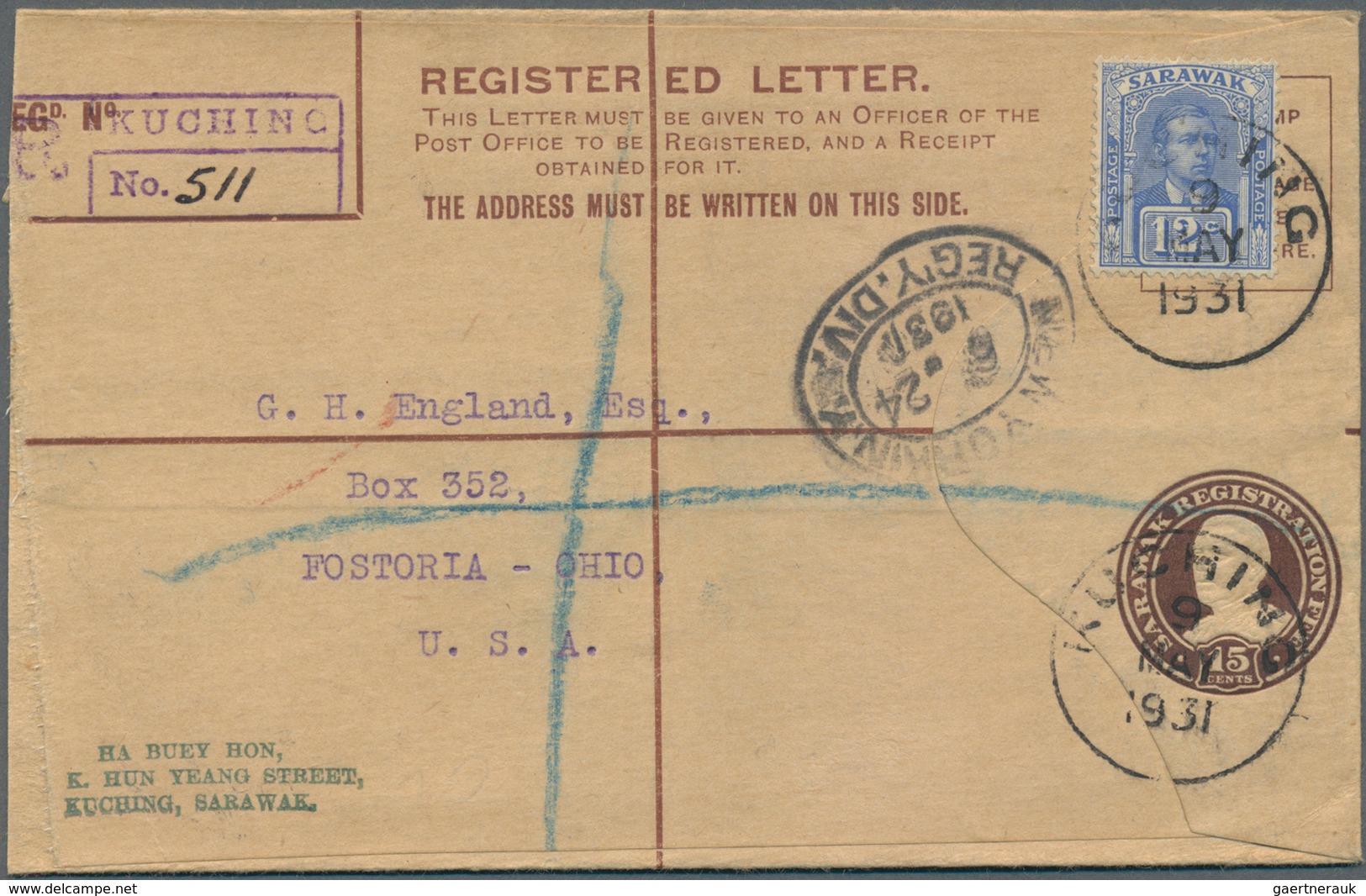 Malaiische Staaten - Sarawak: 1931, 15 C Brown Registered Pse, Uprated With 12 C Bright Blue, Sent F - Andere & Zonder Classificatie