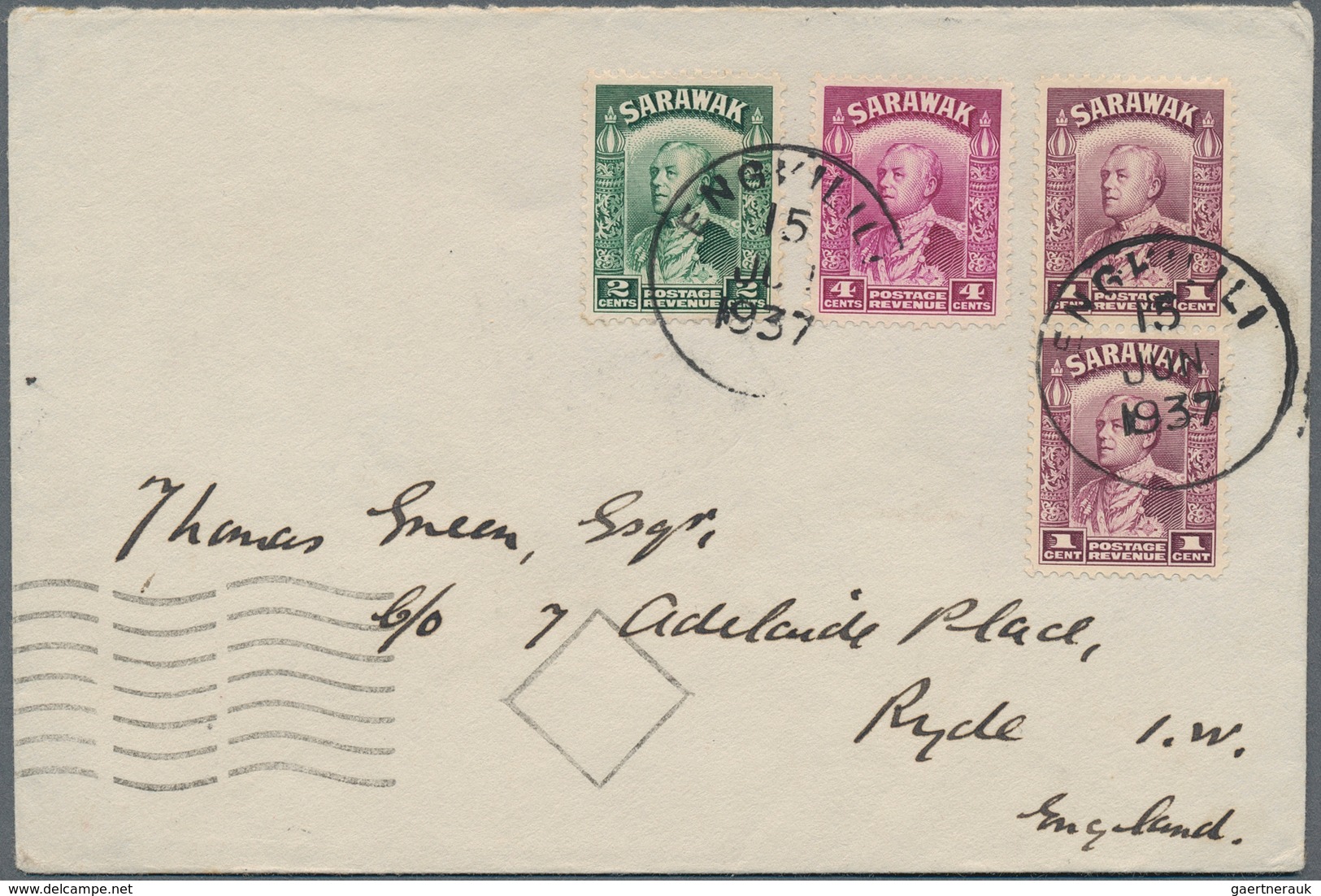 Malaiische Staaten - Sarawak: 1937, 2 X 1 C Purple, 2 C Green And 4 C Bright Purple, Mixed Franking - Other & Unclassified