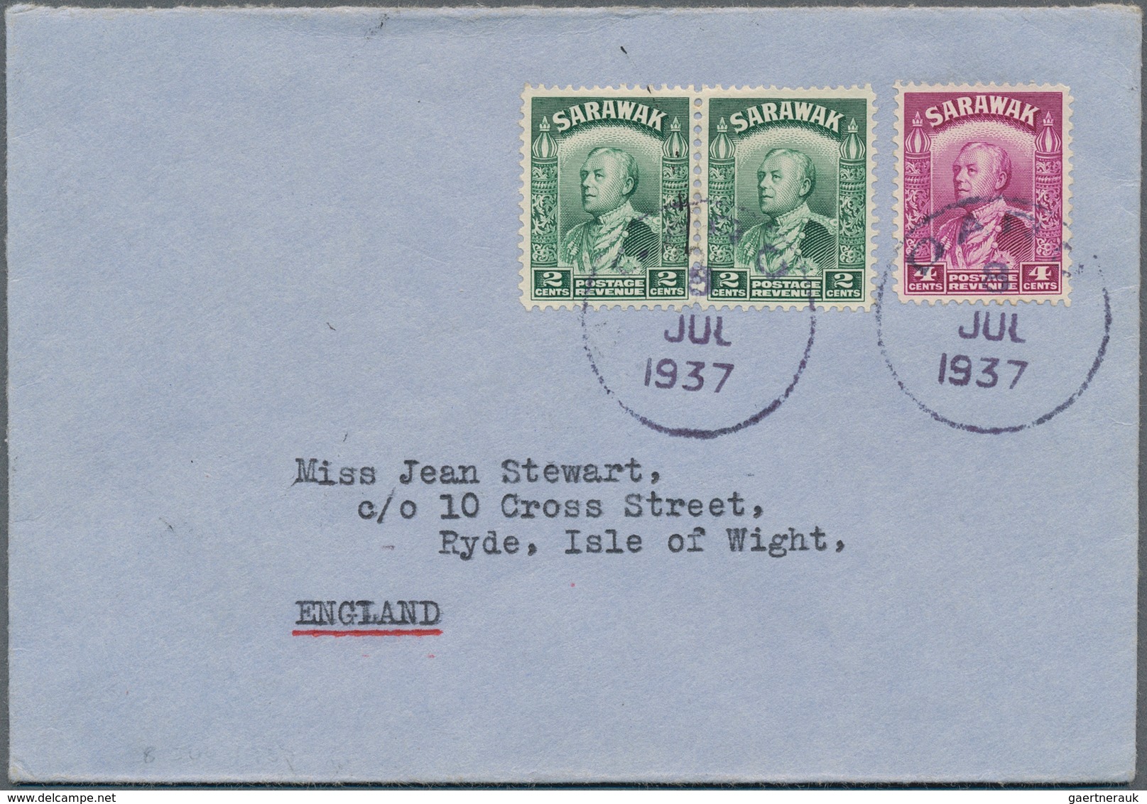 Malaiische Staaten - Sarawak: 1937, 2 X 2 C Green And 4 C Bright Purple, Mixed Franking On Cover Wit - Other & Unclassified