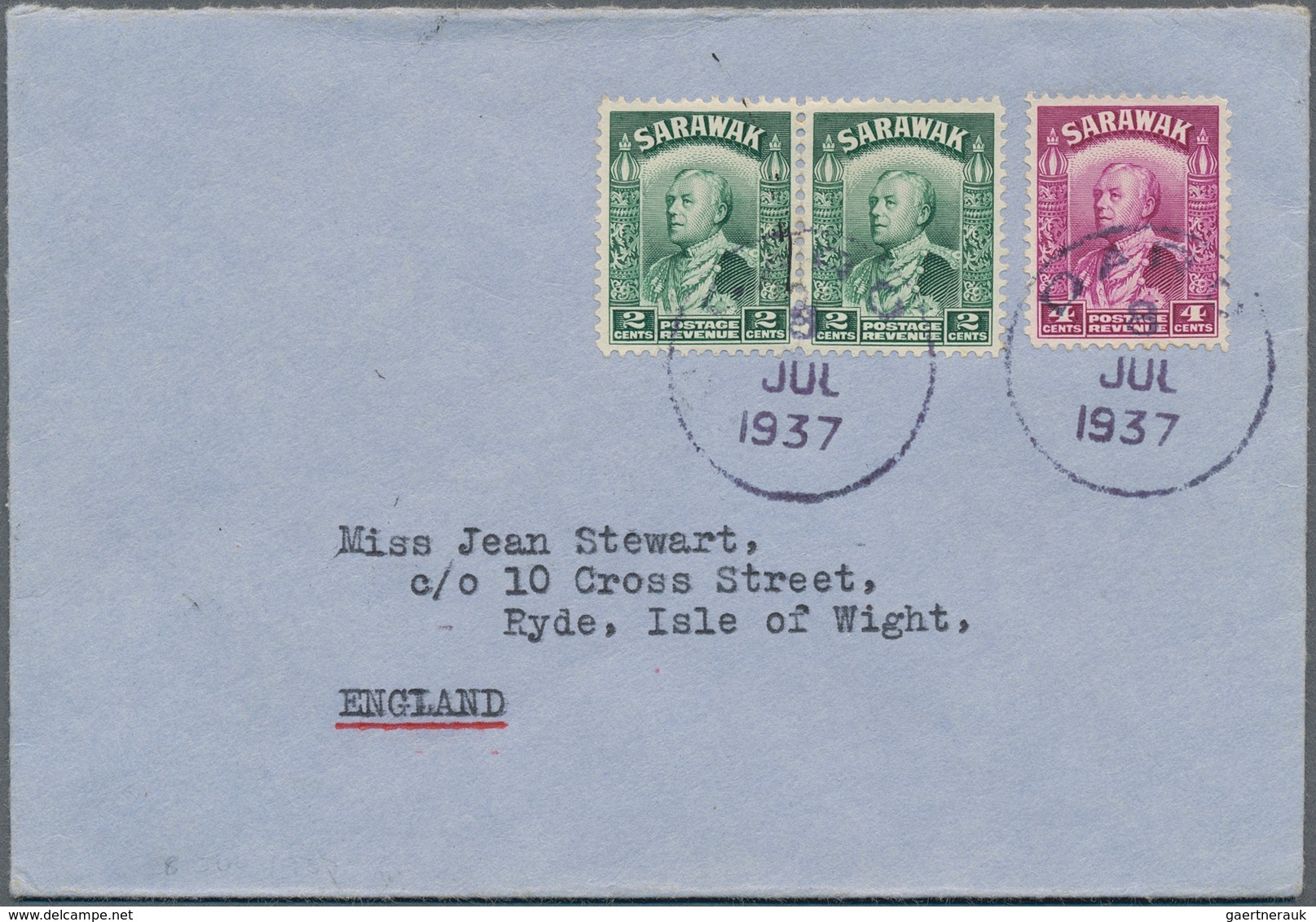Malaiische Staaten - Sarawak: 1937, 2 X 2 C Green And 4 C Bright Purple, Mixed Franking On Cover Wit - Andere & Zonder Classificatie