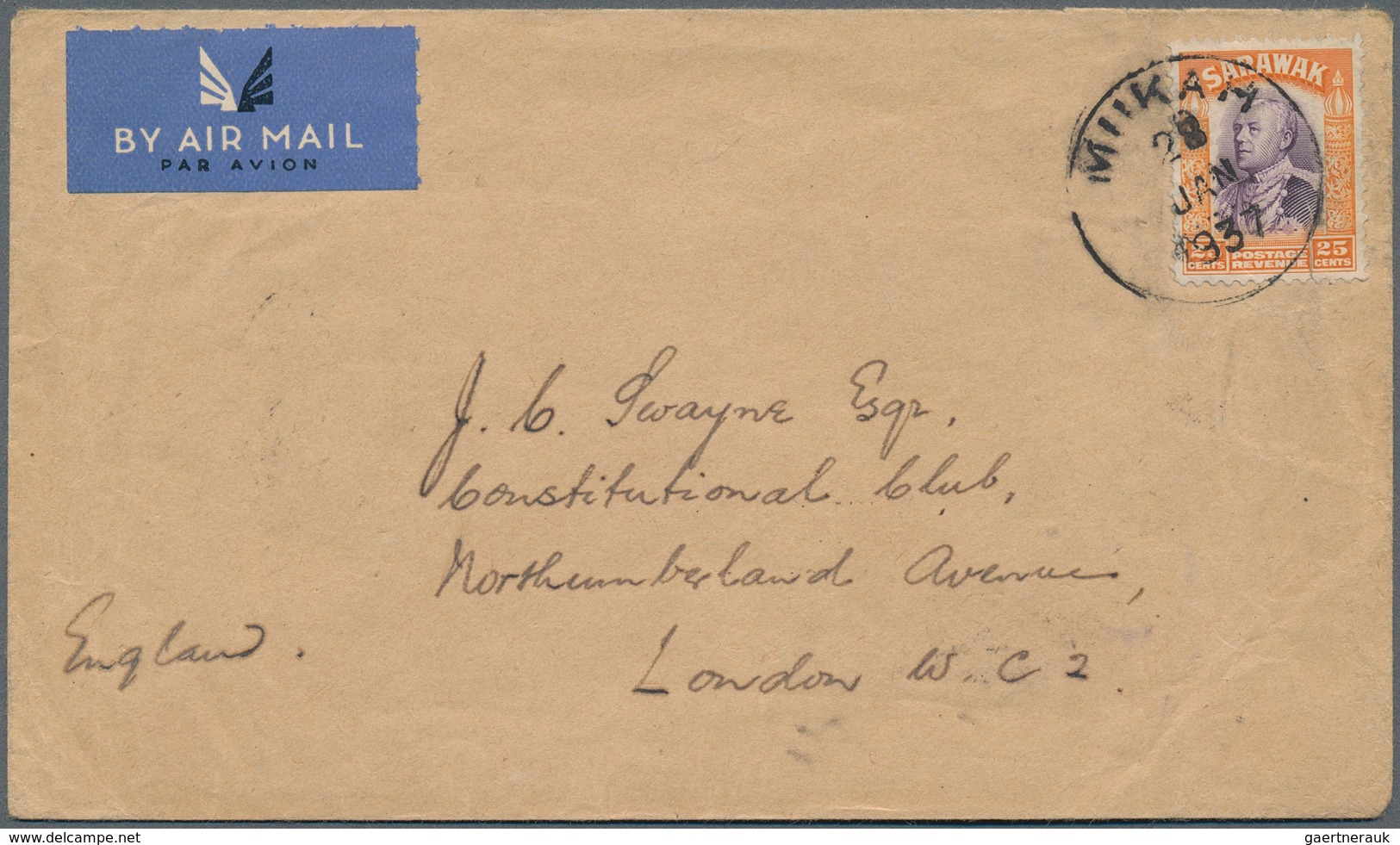 Malaiische Staaten - Sarawak: 1937, 25 C Violet And Orange, Single Franking On Airmail Cover With Cd - Sonstige & Ohne Zuordnung