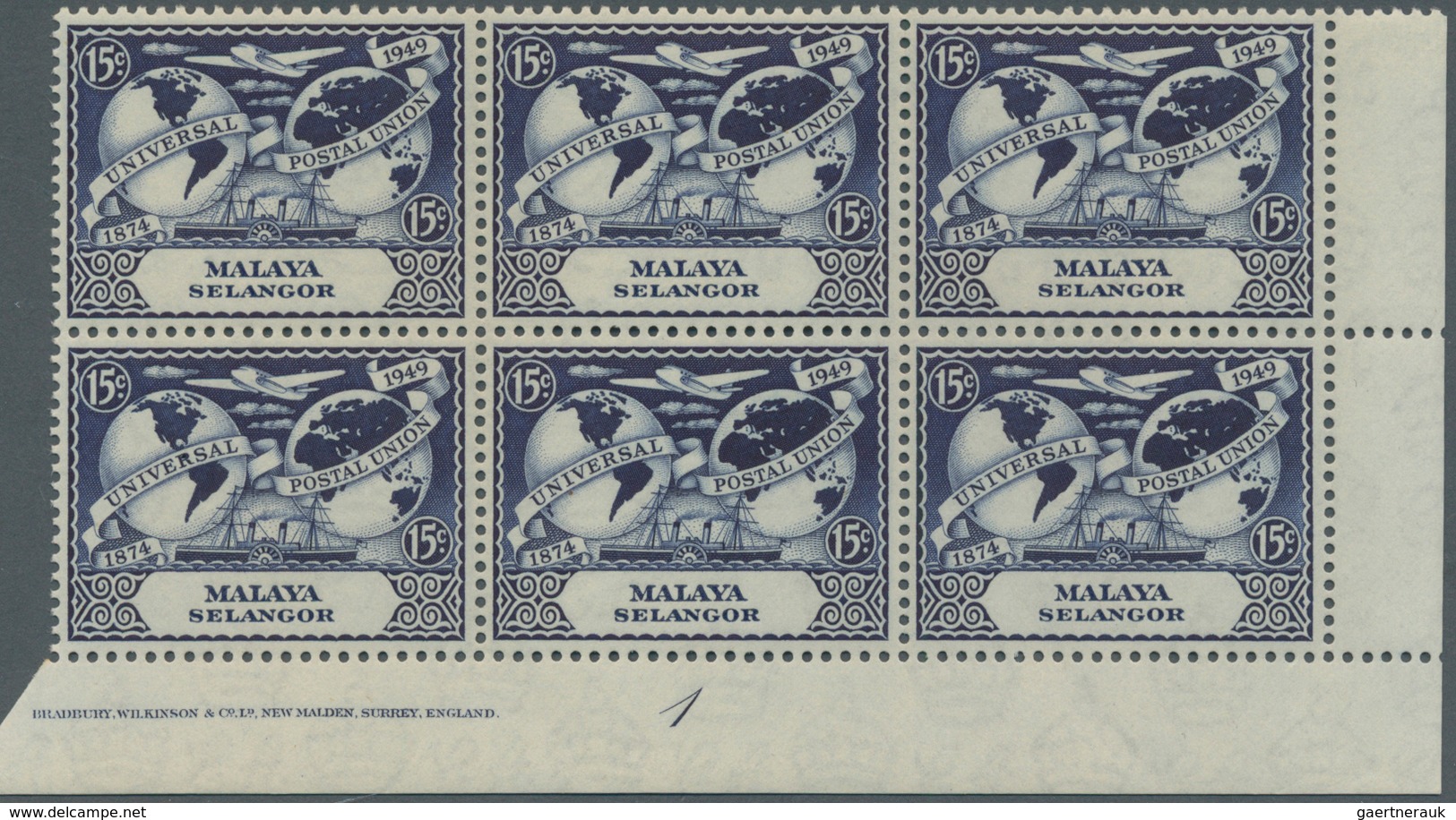 Malaiische Staaten - Selangor: 1949, 75th Anniversary of UPU, 10c. - 50c., complete set in bottom ma