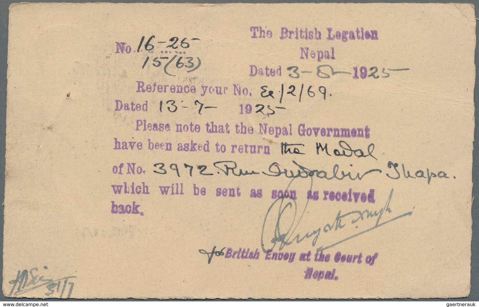 Nepal: 1925: Official India Postal Stationery Card KGV. ¼a. Ultramarine On Buff (1921), Uprated By I - Nepal