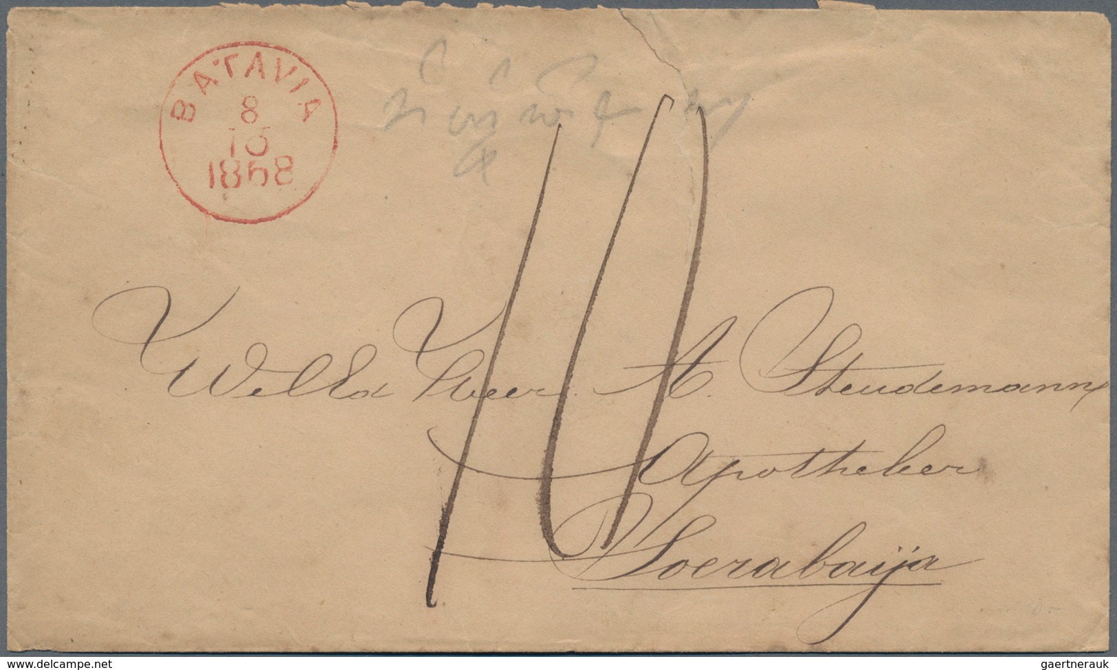 Niederländisch-Indien: 1868, "BATAVIA" Red Circle Postmark And Handwritten 10 C Cash Franked Note, B - Niederländisch-Indien