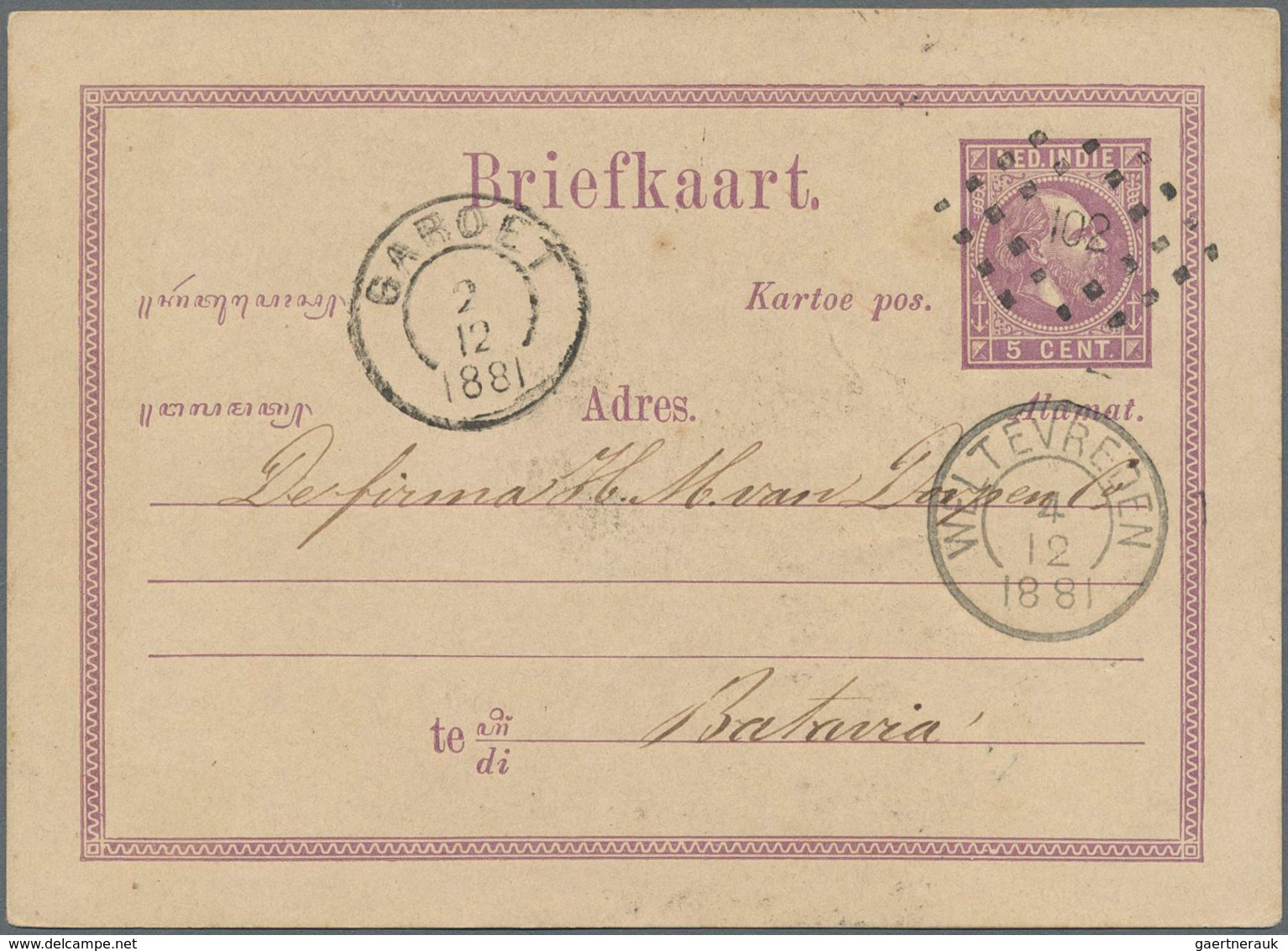 Niederländisch-Indien: 1881: Two Postal Stationery Cards 5c. Violet (Types I And II) Used To Batavia - Netherlands Indies