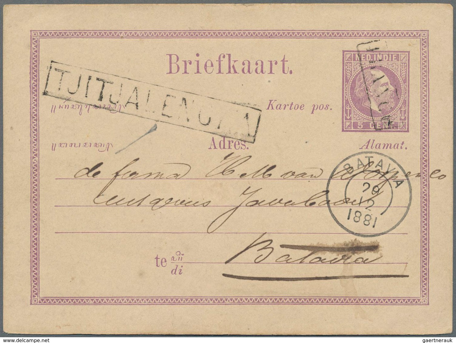 Niederländisch-Indien: 1881: Two Postal Stationery Cards 5c. Violet (Types I And II) Used To Batavia - India Holandeses