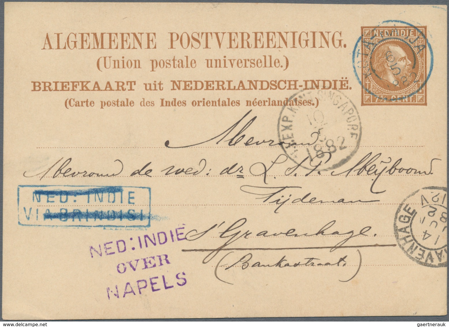 Niederländisch-Indien: 1882, Postal Stationery Card 7 1/2 C Brown Cancelled By Kota Raja Date Stamp - Netherlands Indies