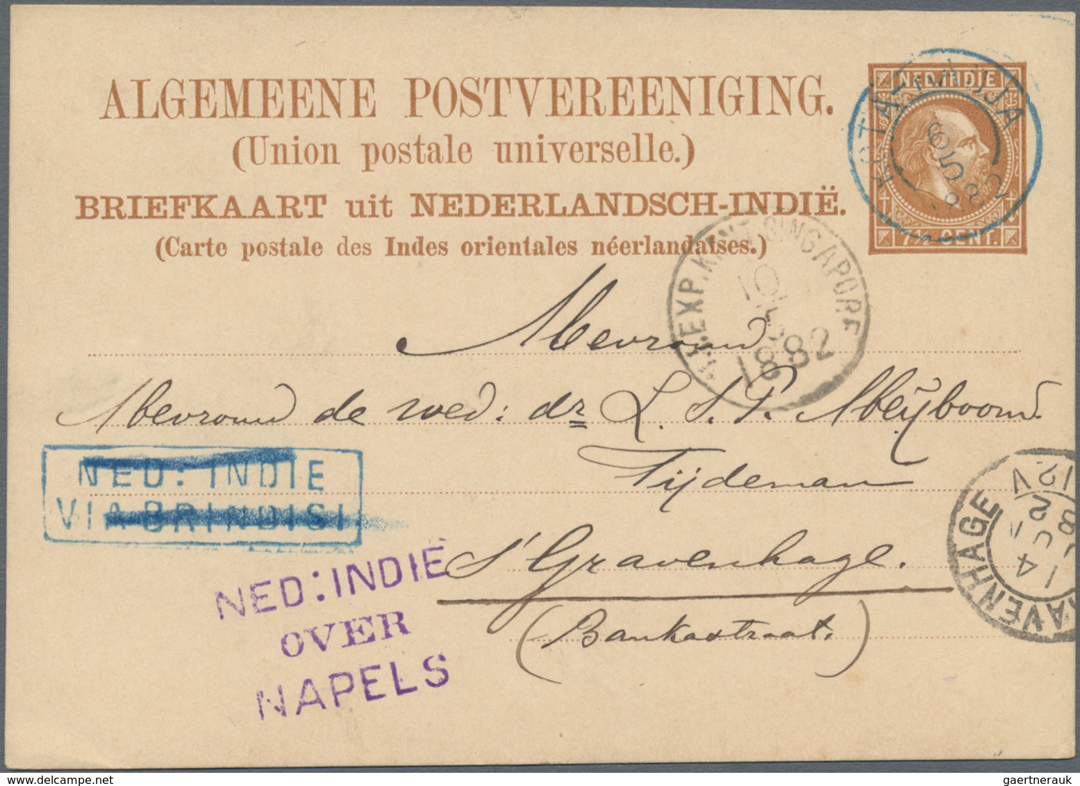 Niederländisch-Indien: 1882, Postal Stationery Card 7 1/2 C Brown Cancelled By Kota Raja Date Stamp - Niederländisch-Indien