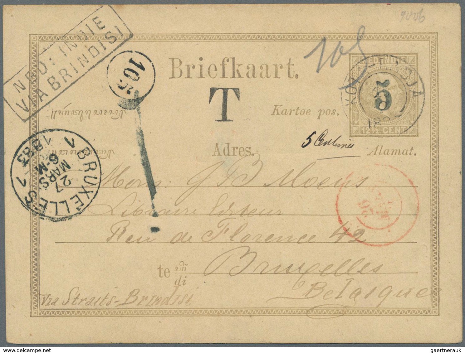 Niederländisch-Indien: 1883, Postal Stationery Card 5 On 12½c. Used From Kota-Radja To Brussels, Bel - Netherlands Indies