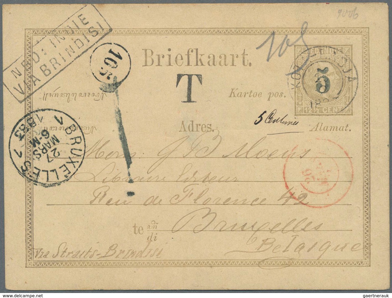 Niederländisch-Indien: 1883, Postal Stationery Card 5 On 12½c. Used From Kota-Radja To Brussels, Bel - Niederländisch-Indien