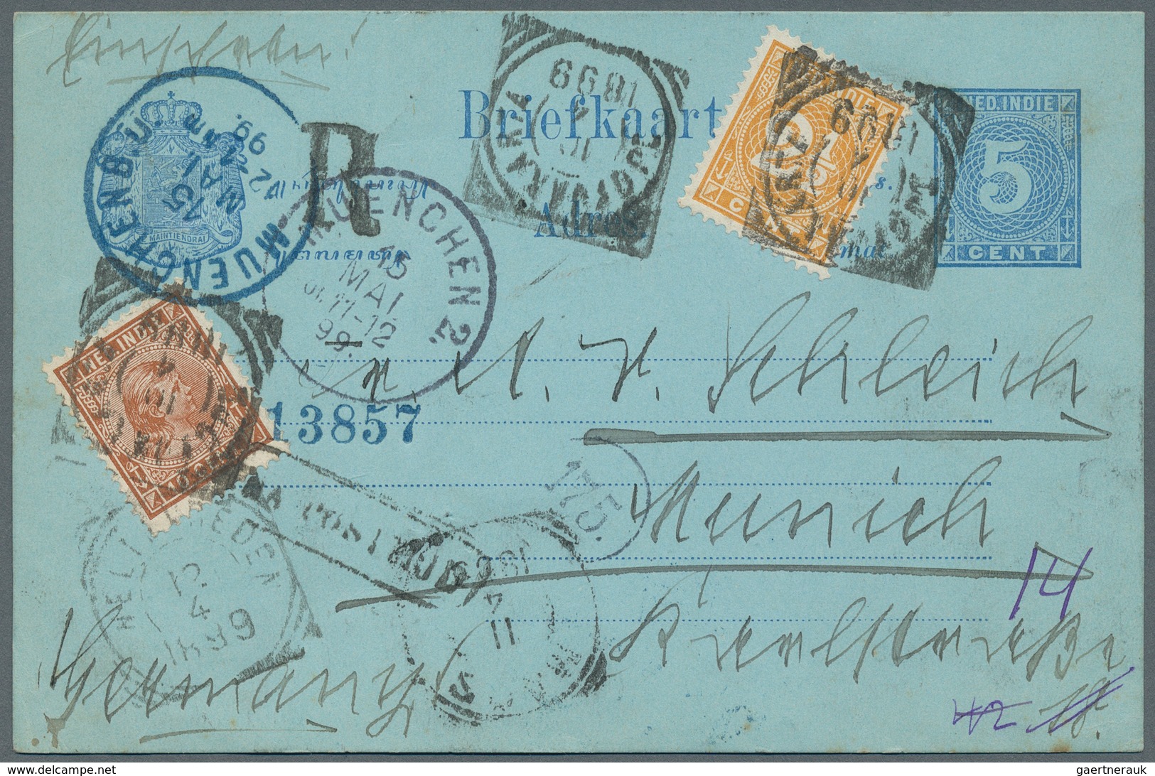 Niederländisch-Indien: 1899, 5 Cent. Stationery Card Uprated With 2 1/2 C. Numeral And 10 C. Wilhelm - Niederländisch-Indien