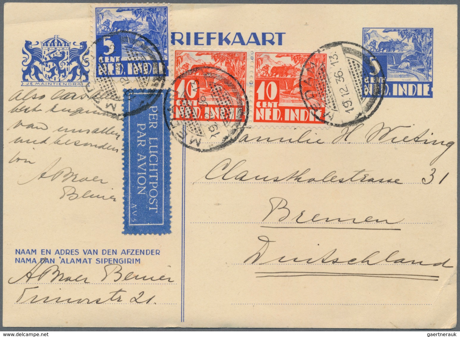 Niederländisch-Indien: 1936, Stationery Card 5 C. Blue Uprated Total 25 C. Tied "MEDAN 19.12.36" By - Nederlands-Indië